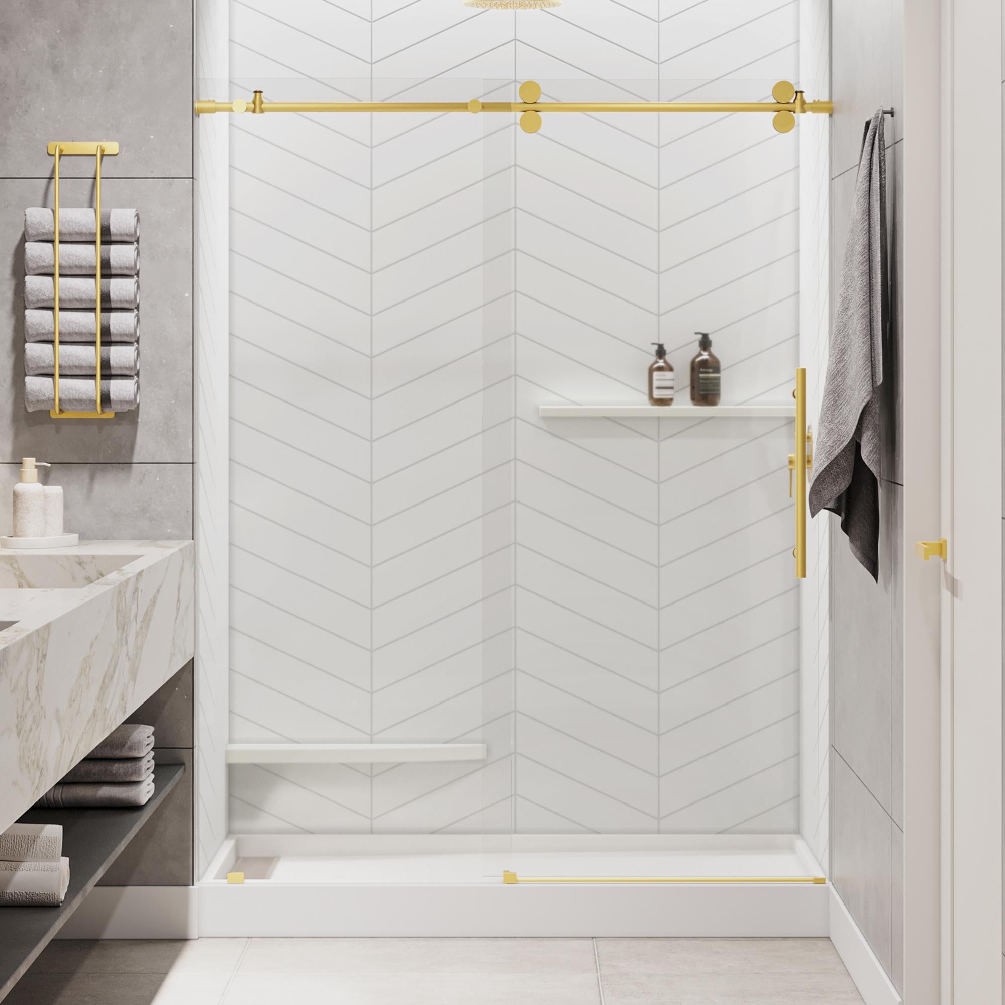 Seawin Briza 56 - 60 x 76 inches Frameless Sliding Shower Door 3/8 in. (10 mm) Clear Tempered Glass with NanoShield Coating Satin Gold