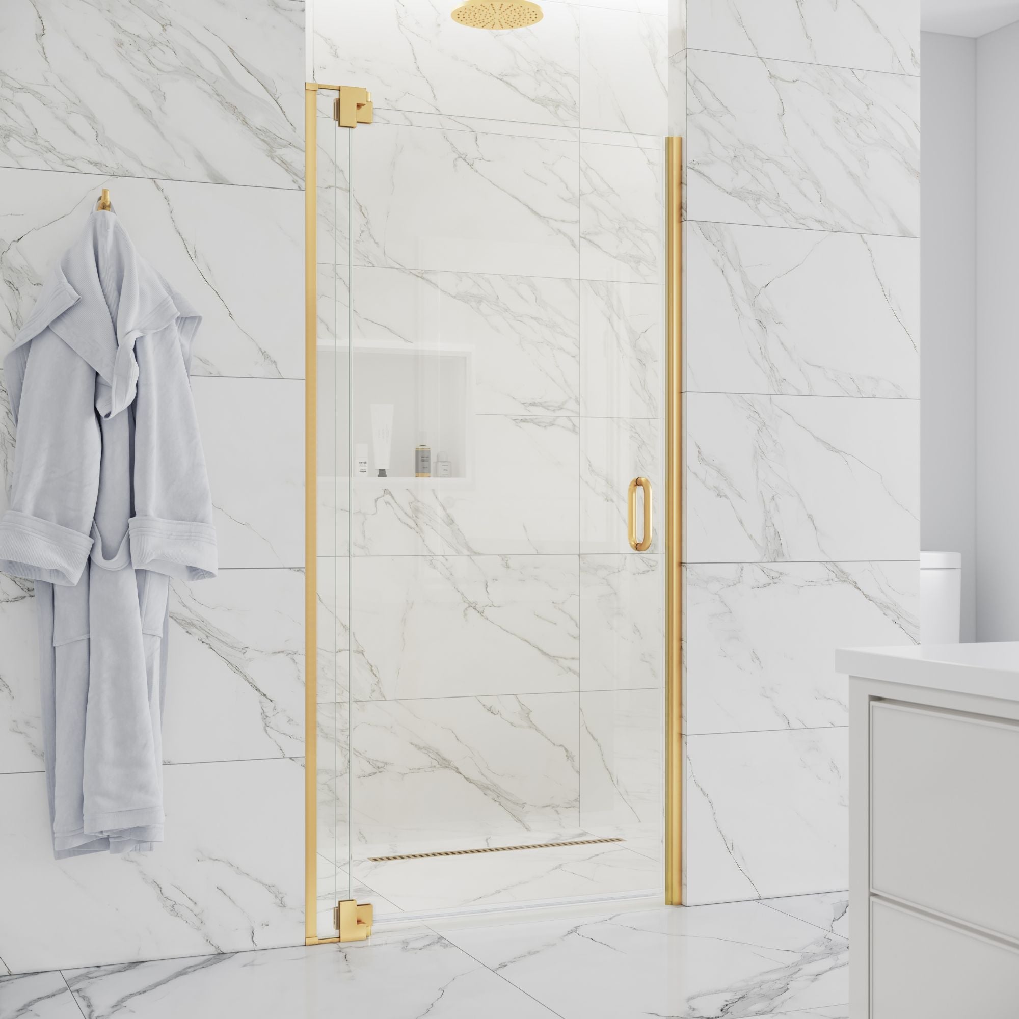 Seawin Flex X 36 - 39 x 72 inches Frameless Pivot Shower Door 3/8 in. (10 mm) and 5/16 in. (8 mm) Flex X Duo Clear Tempered Glass with NanoShield Coating Satin Gold