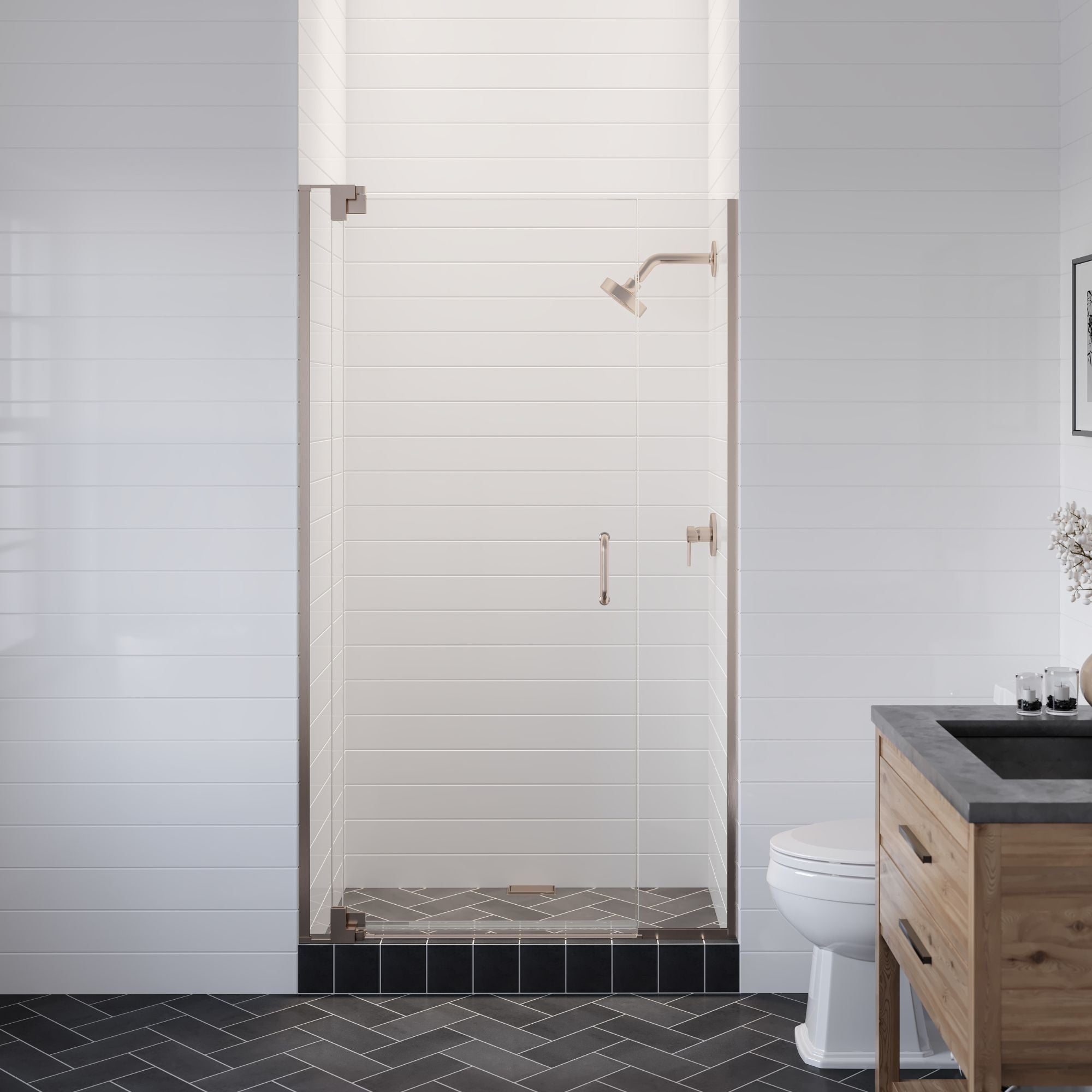 Seawin Flex X Duo 42 - 45 x 72 inches Frameless Pivot Shower Door 3/8 in. (10 mm) and 5/16 in. (8 mm) Flex X Clear Tempered Glass with NanoShield Coating Brushed Nickel