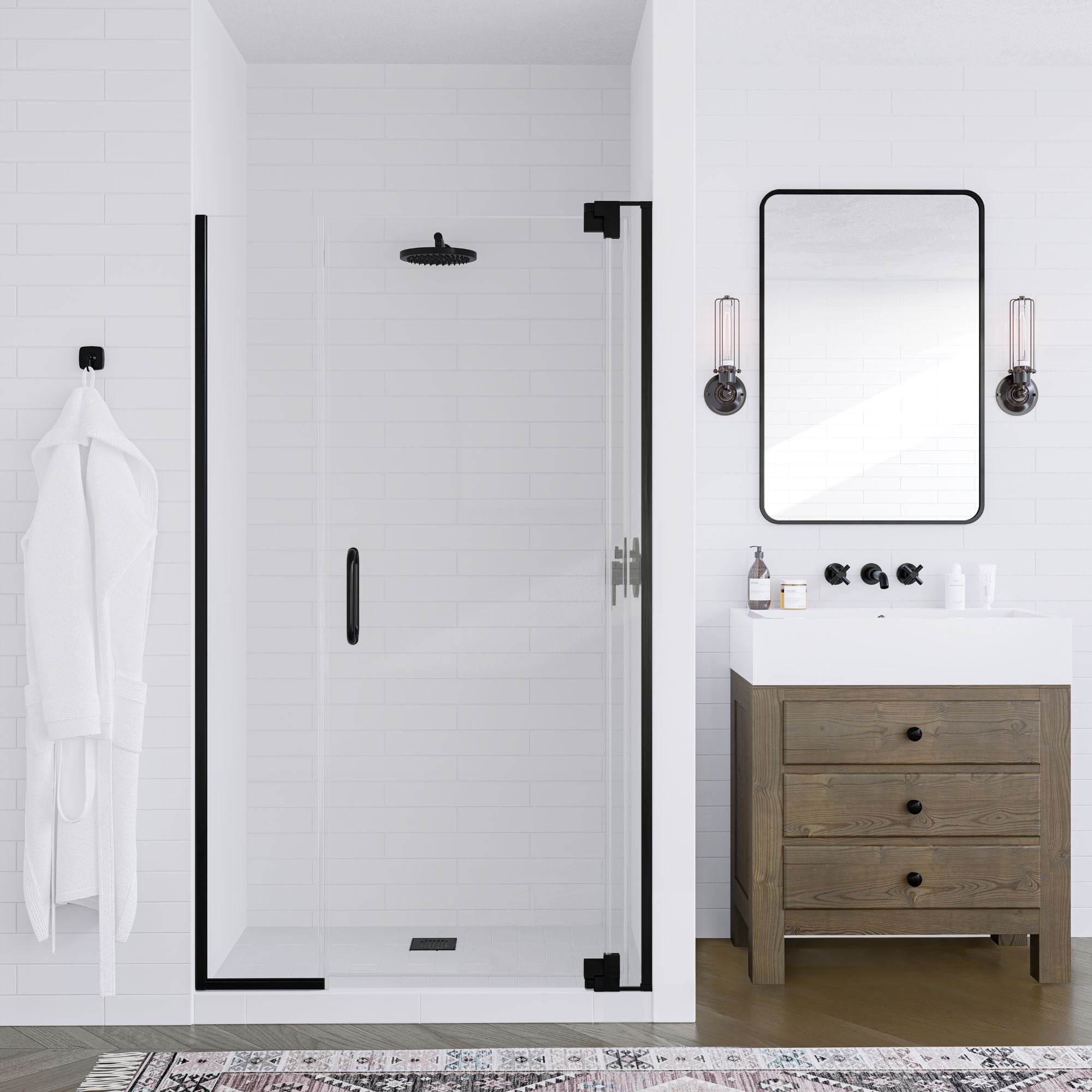 Seawin Flex X Duo 42 - 45 x 72 inches Frameless Pivot Shower Door 3/8 in. (10 mm) and 5/16 in. (8 mm) Flex X Clear Tempered Glass with NanoShield Coating Matte Black