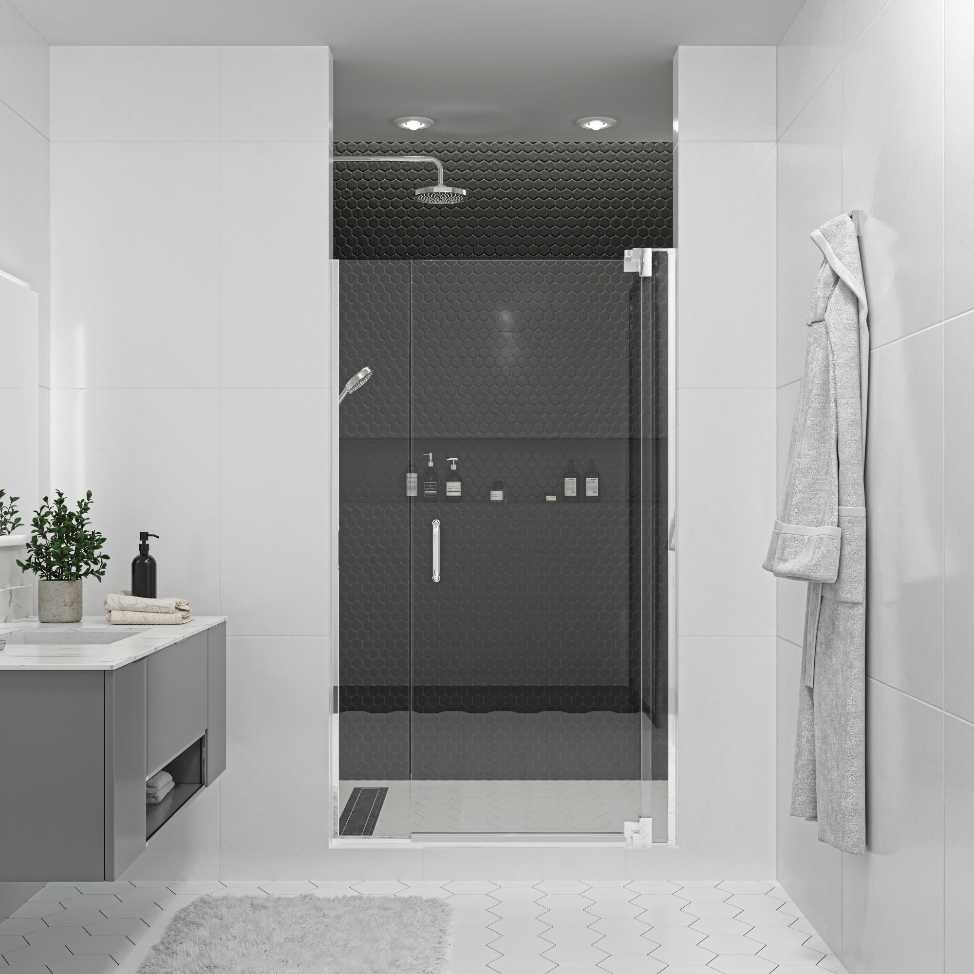 Seawin Flex X Duo 42 - 45 x 72 inches Frameless Pivot Shower Door 3/8 in. (10 mm) and 5/16 in. (8 mm) Flex X Clear Tempered Glass with NanoShield Coating Polished Chrome