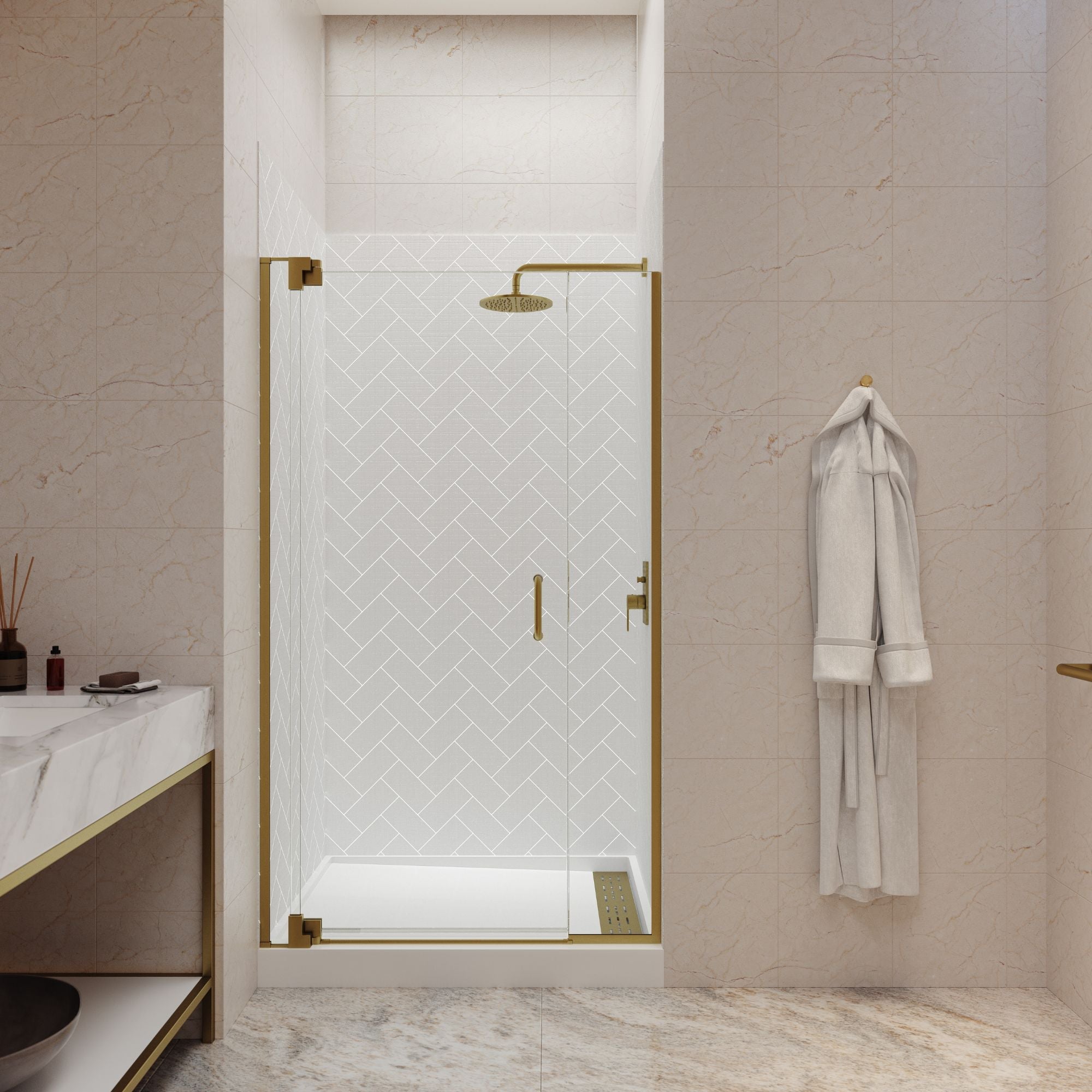 Seawin Flex X Duo 42 - 45 x 72 inches Frameless Pivot Shower Door 3/8 in. (10 mm) and 5/16 in. (8 mm) Flex X Clear Tempered Glass with NanoShield Coating Satin Gold