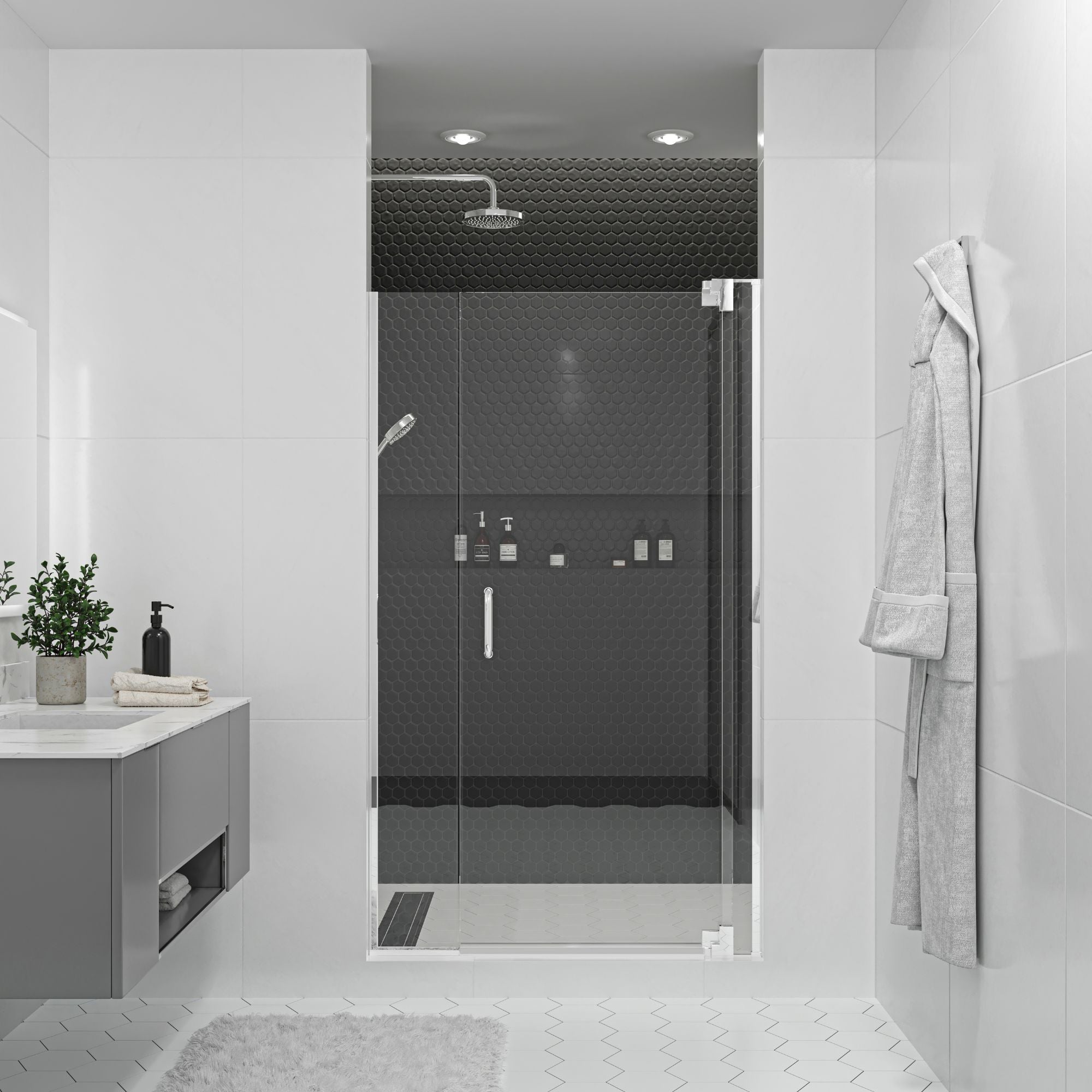 Seawin Flex X Duo 45 - 48 x 72 inches Frameless Pivot Shower Door 3/8 in. (10 mm) and 5/16 in. (8 mm) Flex X Clear Tempered Glass with NanoShield Coating Polished Chrome