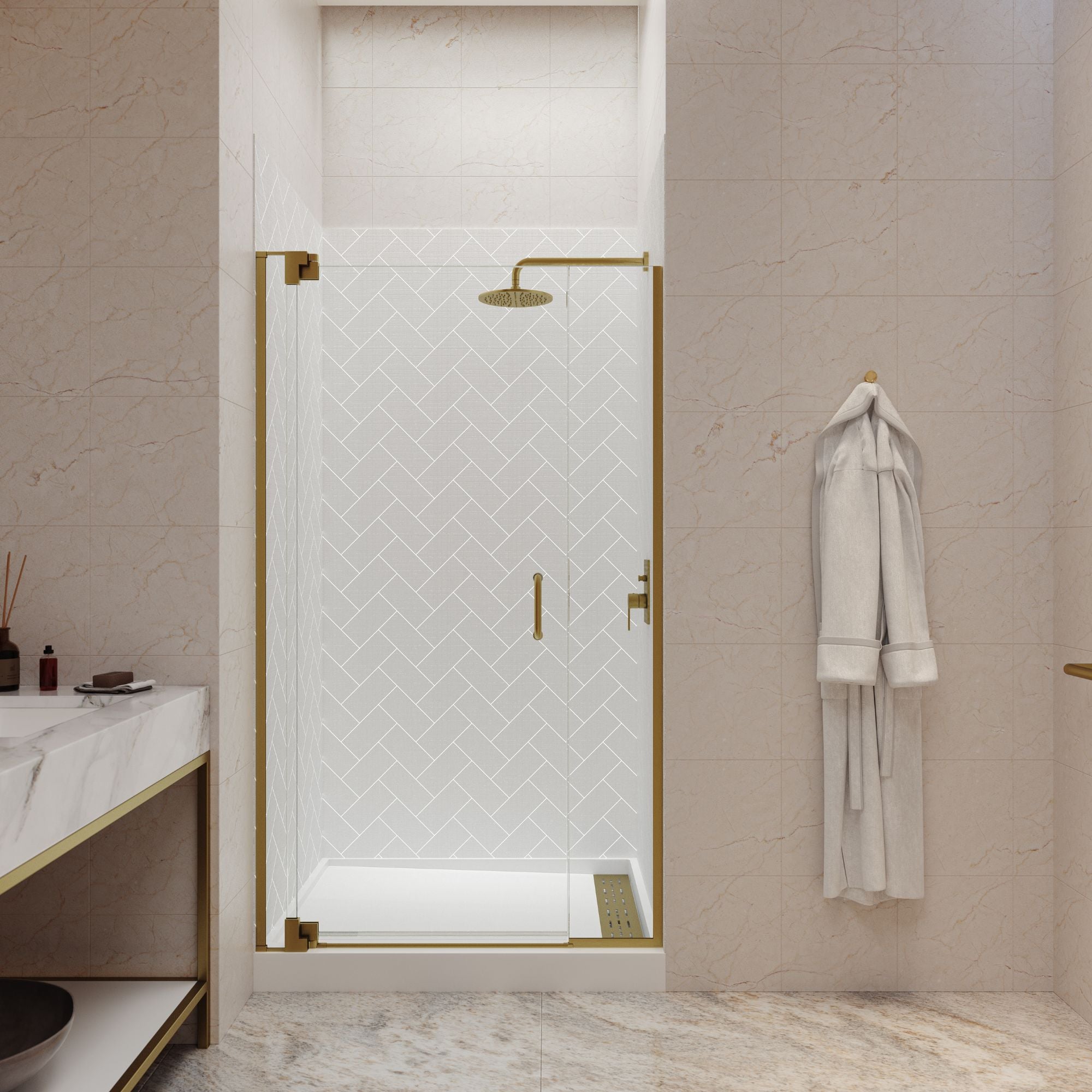 Seawin Flex X Duo 45 - 48 x 72 inches Frameless Pivot Shower Door 3/8 in. (10 mm) and 5/16 in. (8 mm) Flex X Clear Tempered Glass with NanoShield Coating Satin Gold