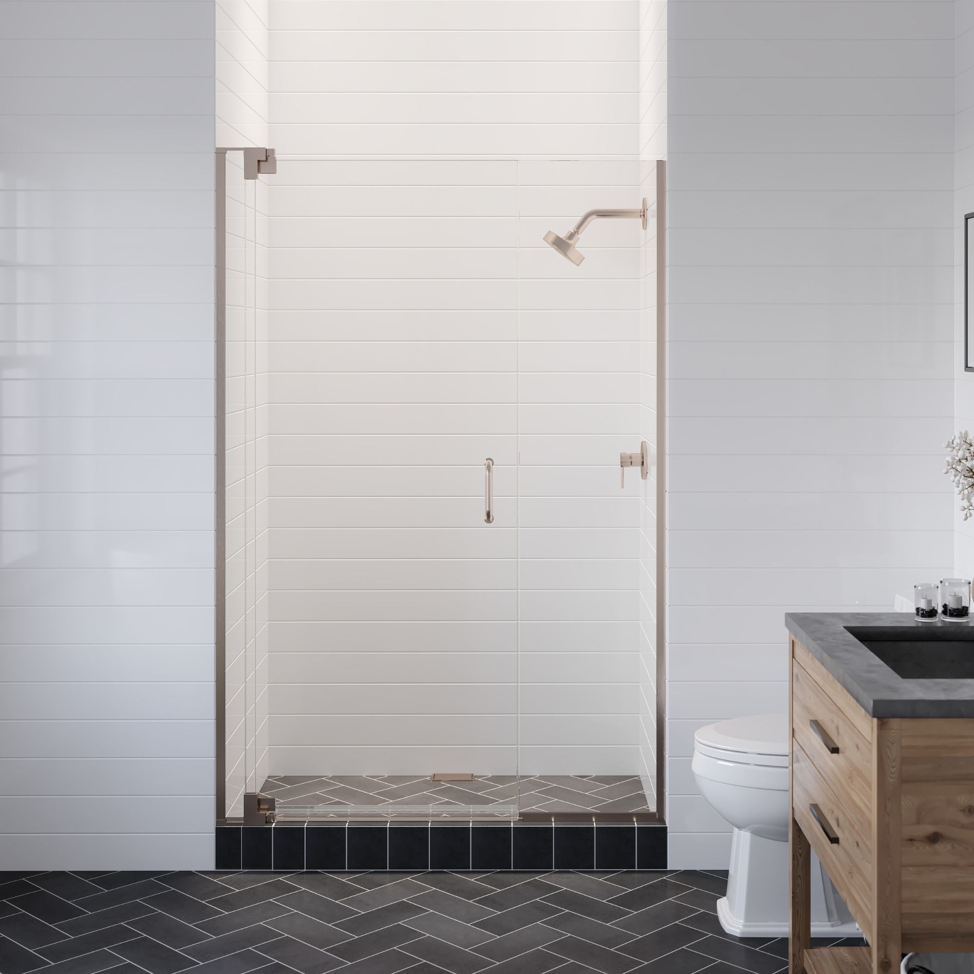 Seawin Flex X Duo 48 - 51 x 72 inches Frameless Pivot Shower Door 3/8 in. (10 mm) and 5/16 in. (8 mm) Flex X Clear Tempered Glass with NanoShield Coating Brushed Nickel