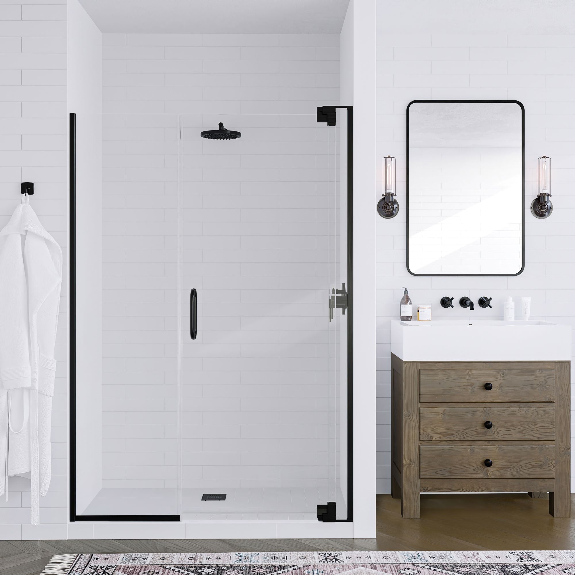 Seawin Flex X Duo 48 - 51 x 72 inches Frameless Pivot Shower Door 3/8 in. (10 mm) and 5/16 in. (8 mm) Flex X Clear Tempered Glass with NanoShield Coating Matte Black