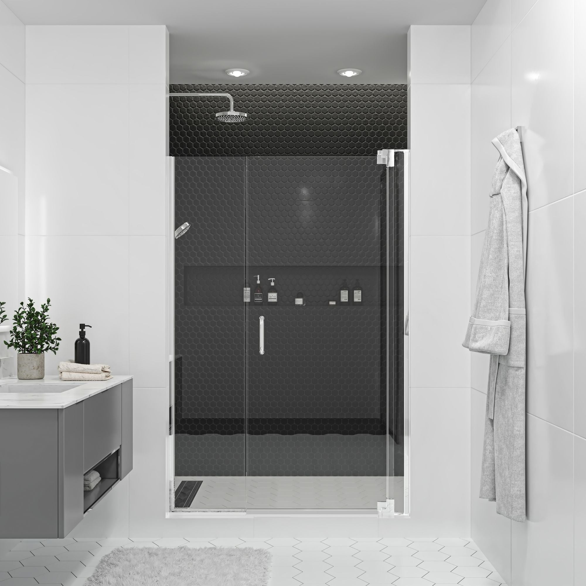 Seawin Flex X Duo 48 - 51 x 72 inches Frameless Pivot Shower Door 3/8 in. (10 mm) and 5/16 in. (8 mm) Flex X Clear Tempered Glass with NanoShield Coating Polished Chrome