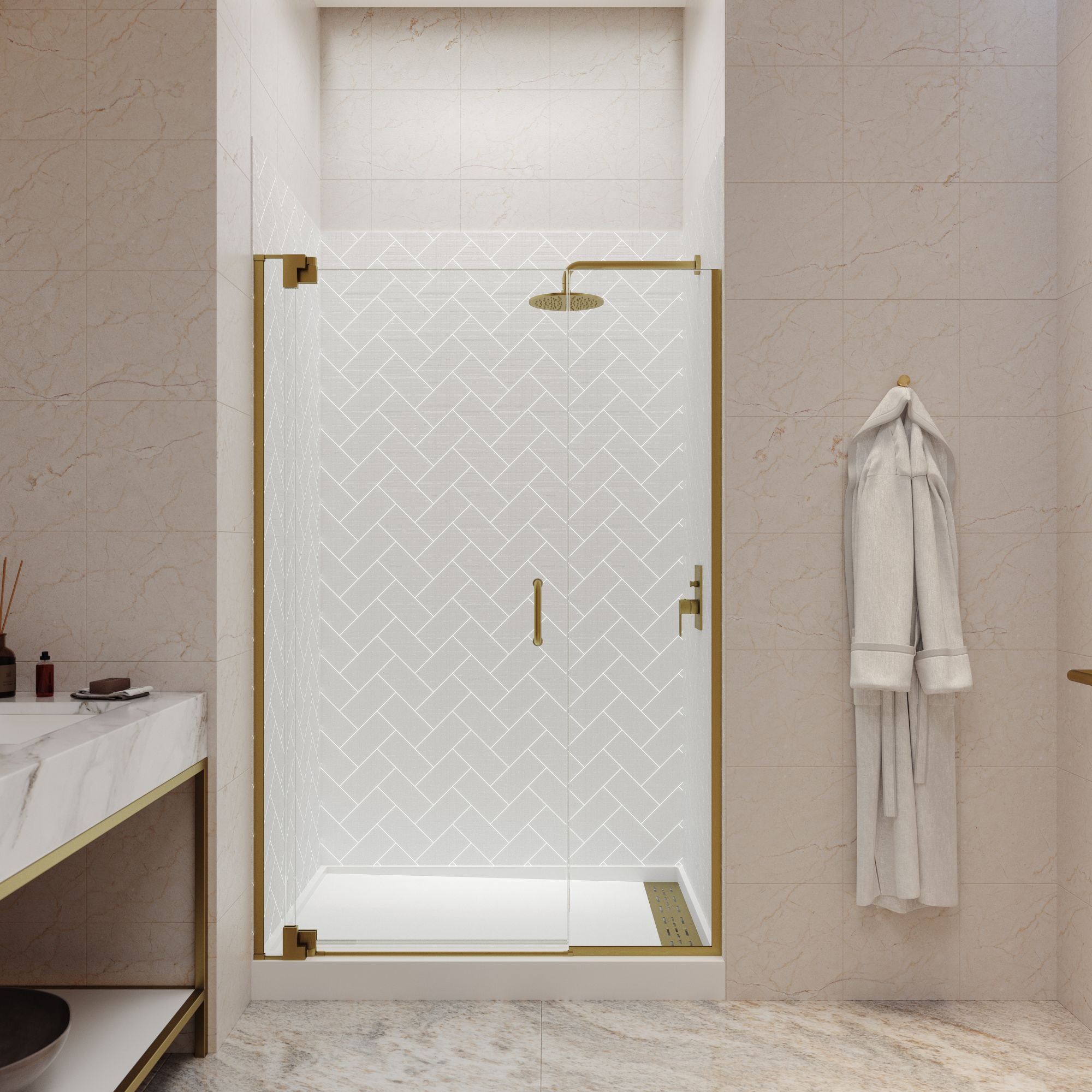 Seawin Flex X Duo 48 - 51 x 72 inches Frameless Pivot Shower Door 3/8 in. (10 mm) and 5/16 in. (8 mm) Flex X Clear Tempered Glass with NanoShield Coating Satin Gold