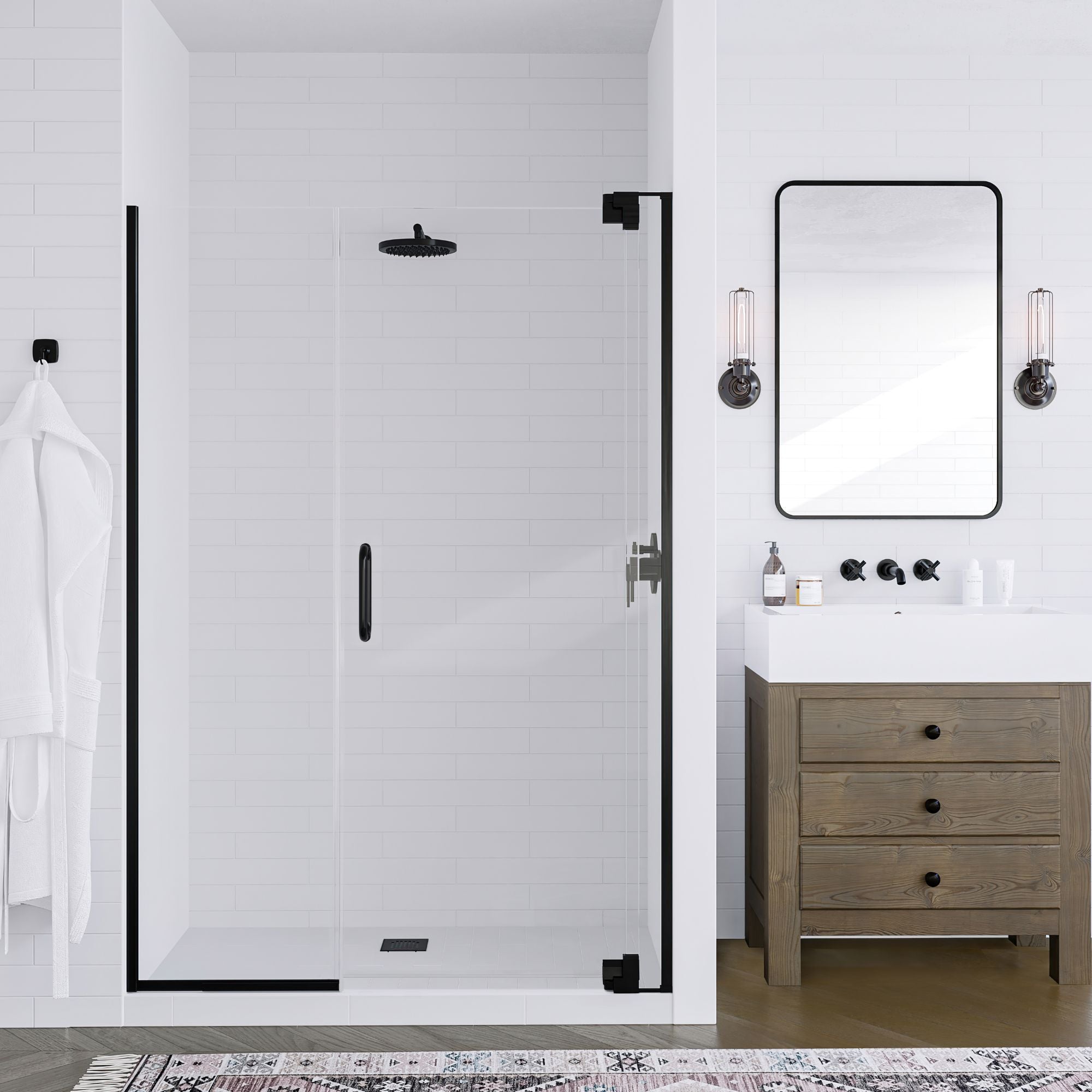 Seawin Flex X Duo 51 - 54 x 72 inches Frameless Pivot Shower Door 3/8 in. (10 mm) and 5/16 in. (8 mm) Flex X Clear Tempered Glass with NanoShield Coating Matte Black