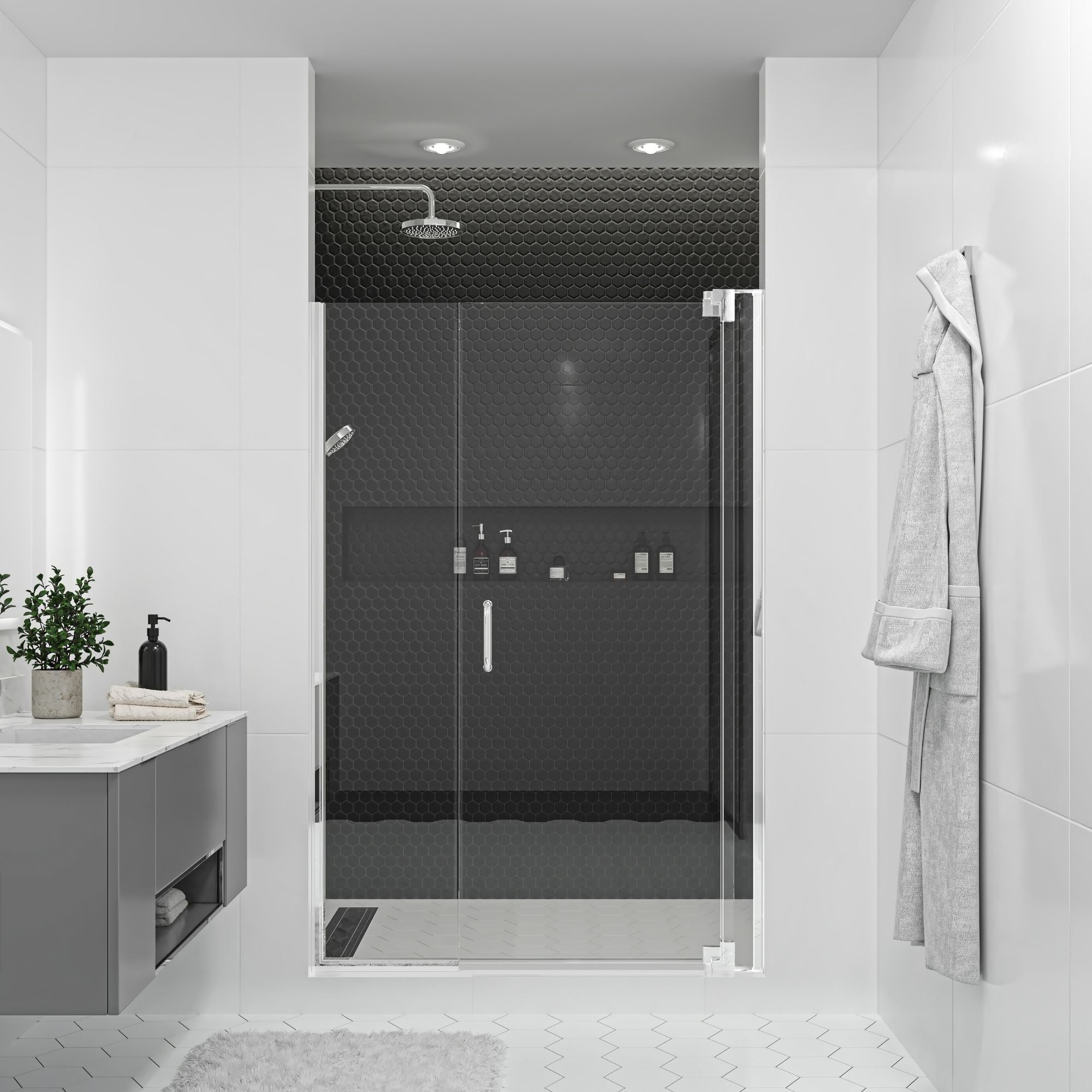 Seawin Flex X Duo 51 - 54 x 72 inches Frameless Pivot Shower Door 3/8 in. (10 mm) and 5/16 in. (8 mm) Flex X Clear Tempered Glass with NanoShield Coating Polished Chrome