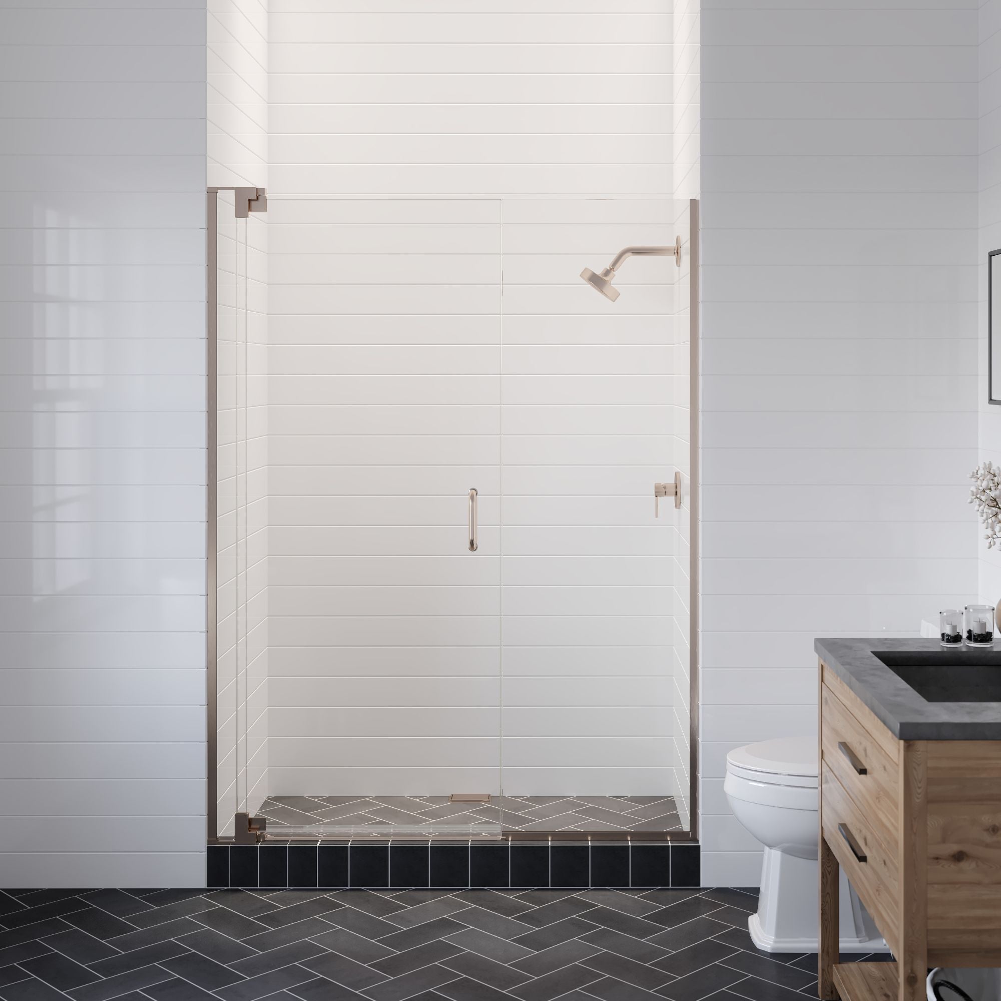 Seawin Flex X Duo 54 - 57 x 72 inches Frameless Pivot Shower Door 3/8 in. (10 mm) and 5/16 in. (8 mm) Flex X Clear Tempered Glass with NanoShield Coating Brushed Nickel