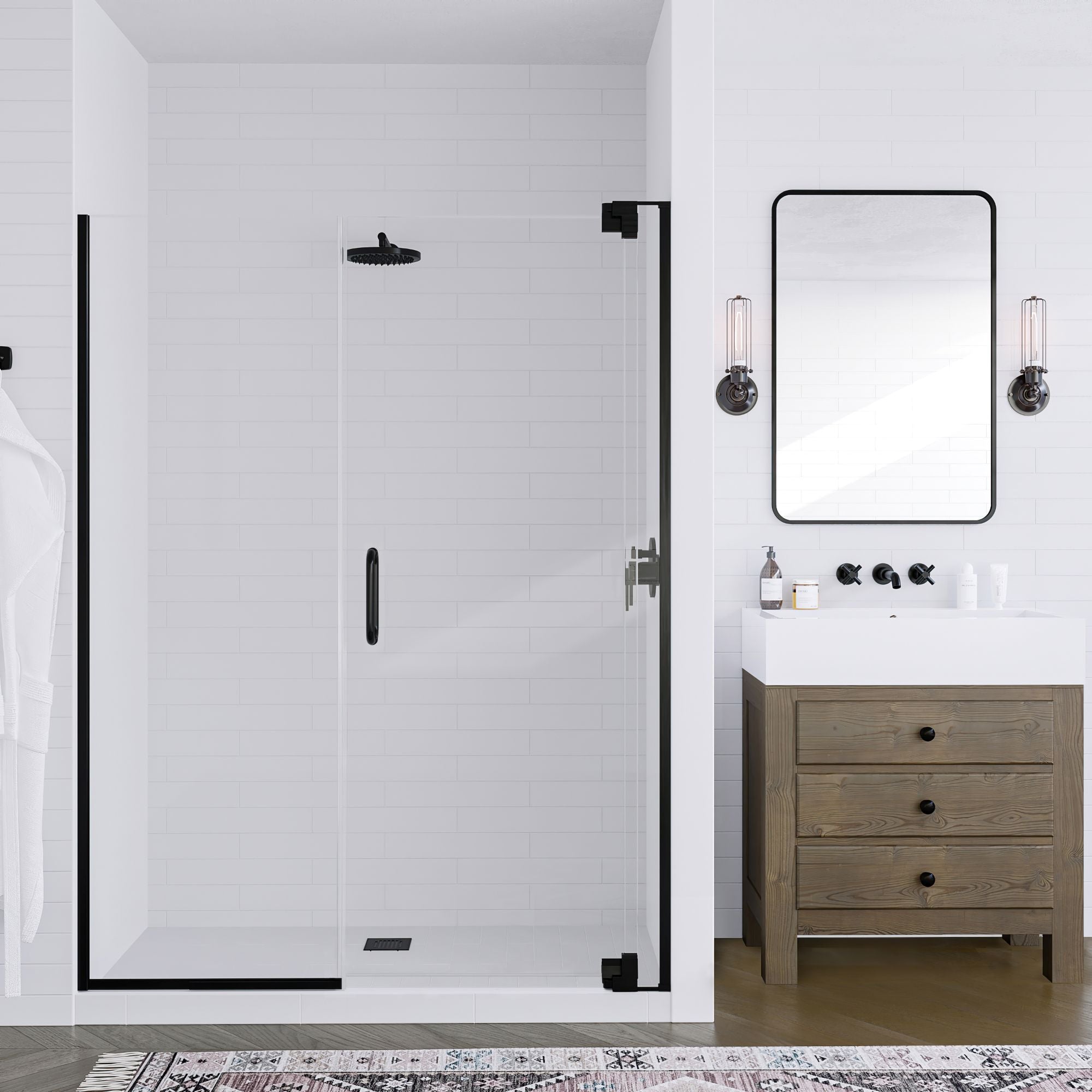 Seawin Flex X Duo 54 - 57 x 72 inches Frameless Pivot Shower Door 3/8 in. (10 mm) and 5/16 in. (8 mm) Flex X Clear Tempered Glass with NanoShield Coating Matte Black