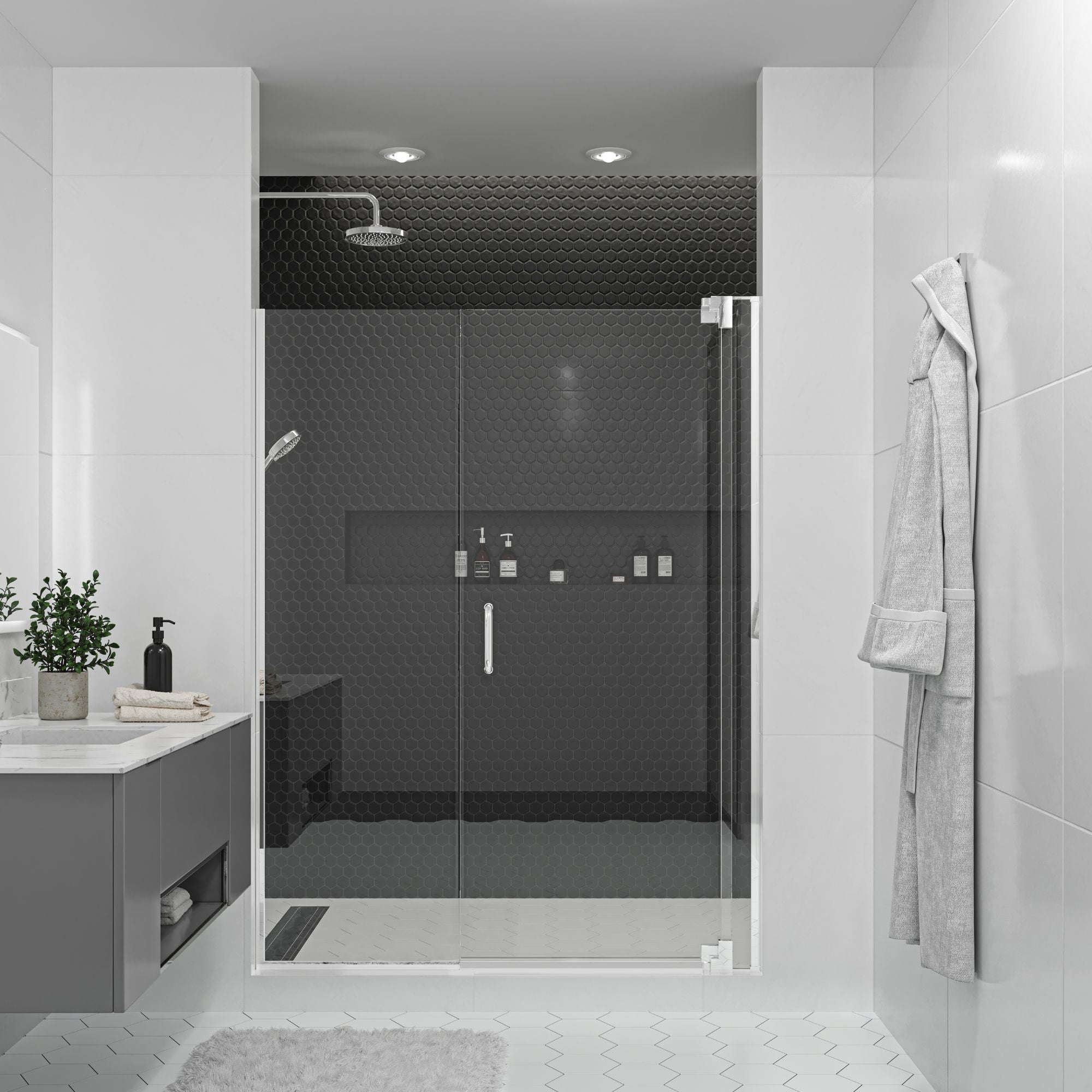 Seawin Flex X Duo 54 - 57 x 72 inches Frameless Pivot Shower Door 3/8 in. (10 mm) and 5/16 in. (8 mm) Flex X Clear Tempered Glass with NanoShield Coating Polished Chrome