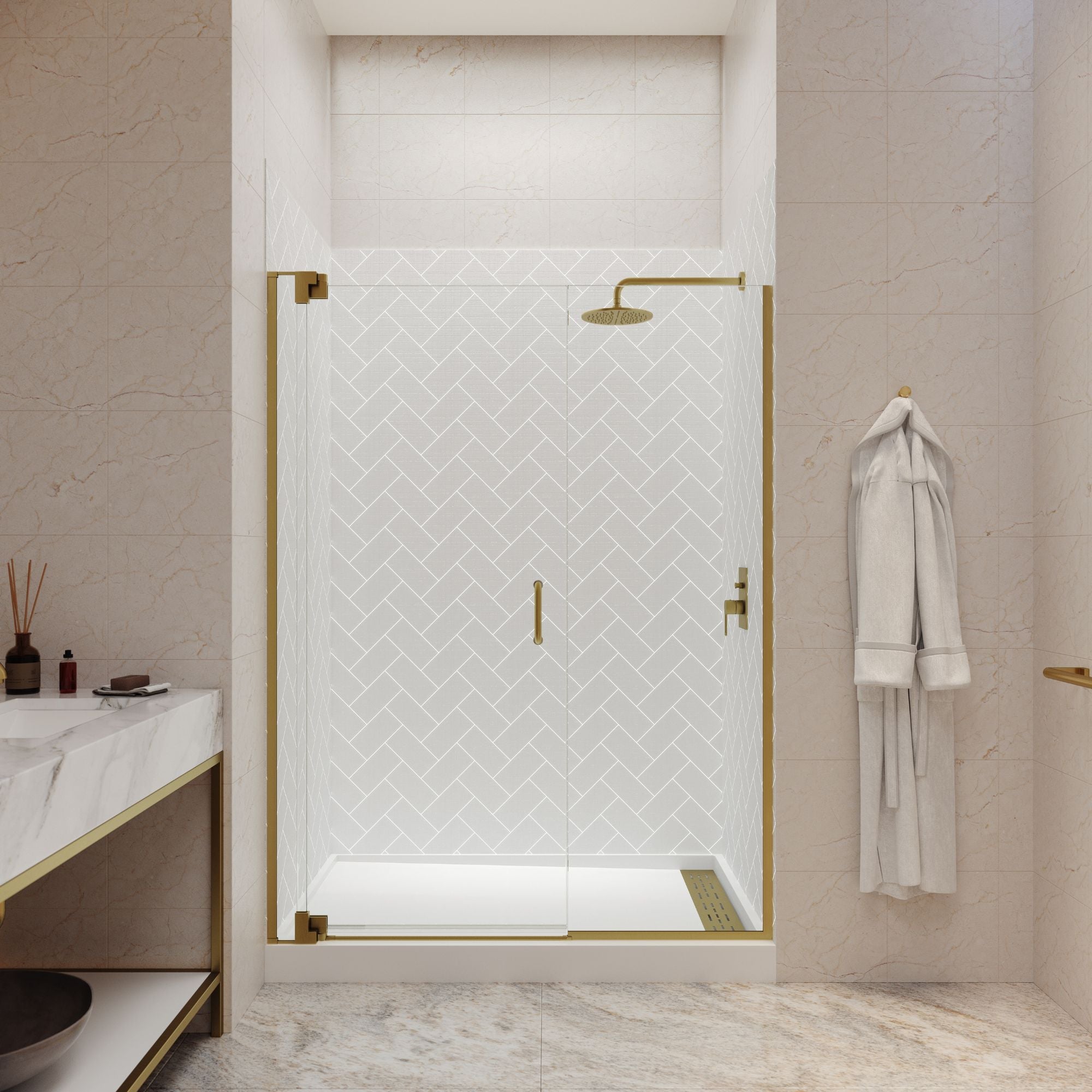 Seawin Flex X Duo 54 - 57 x 72 inches Frameless Pivot Shower Door 3/8 in. (10 mm) and 5/16 in. (8 mm) Flex X Clear Tempered Glass with NanoShield Coating Satin Gold