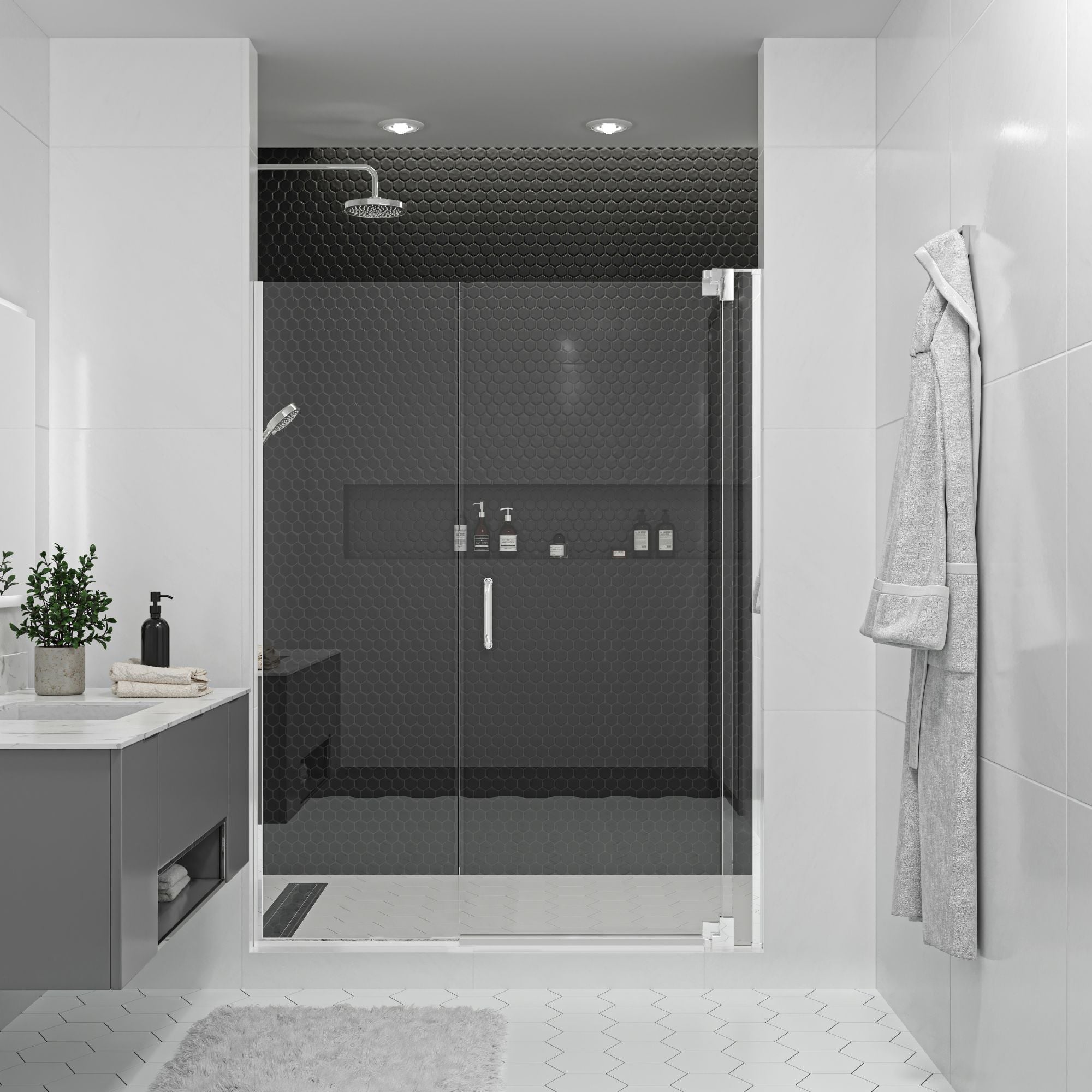 Seawin Flex X Duo 57 - 60 x 72 inches Frameless Pivot Shower Door 3/8 in. (10 mm) and 5/16 in. (8 mm) Flex X Clear Tempered Glass with NanoShield Coating Polished Chrome