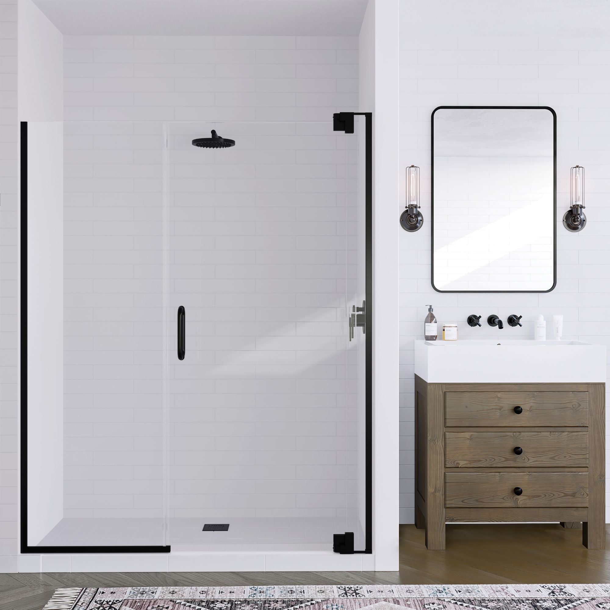 Seawin Flex X Duo 60 - 63 x 72 inches Frameless Pivot Shower Door 3/8 in. (10 mm) and 5/16 in. (8 mm) Flex X Clear Tempered Glass with NanoShield Coating Matte Black