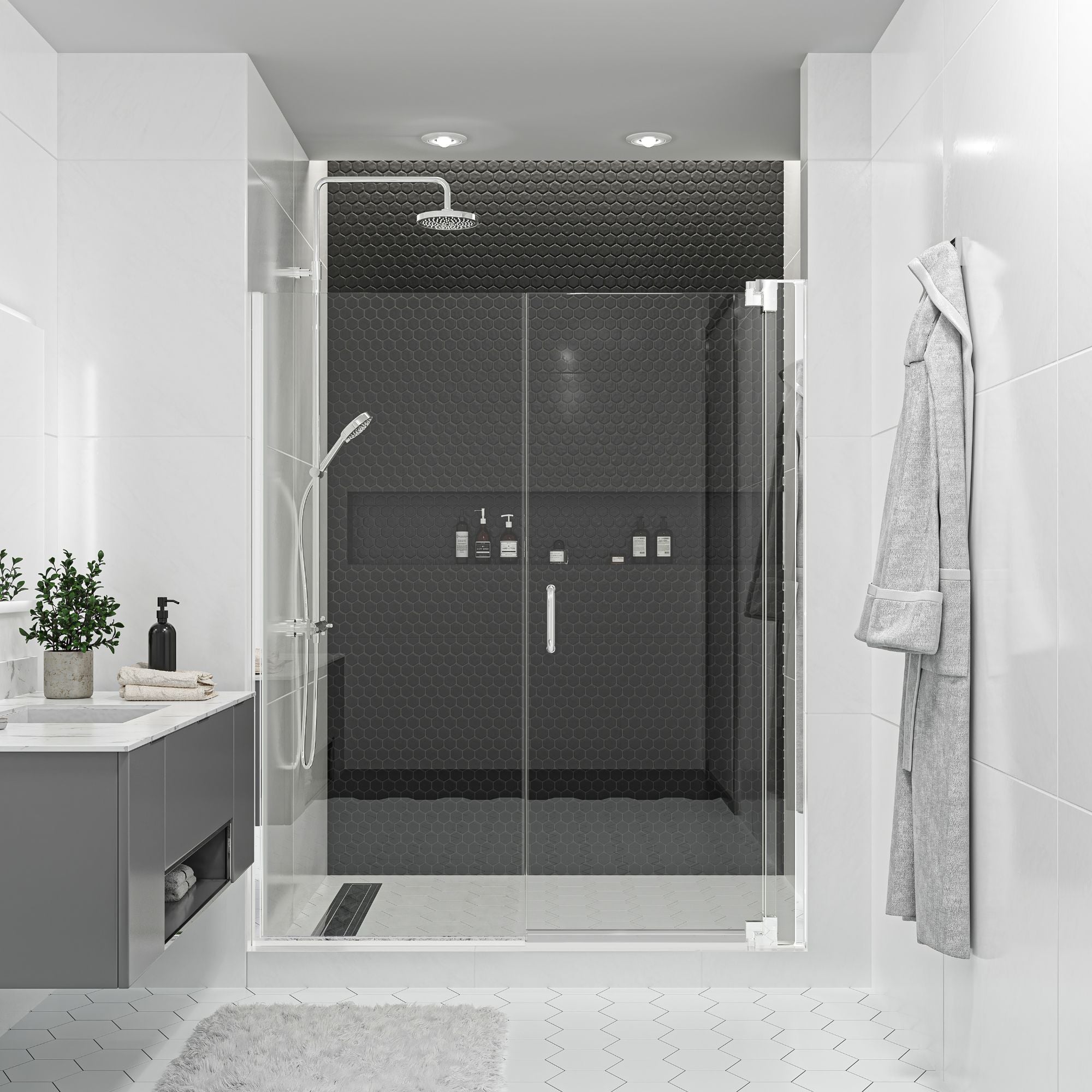 Seawin Flex X Duo 60 - 63 x 72 inches Frameless Pivot Shower Door 3/8 in. (10 mm) and 5/16 in. (8 mm) Flex X Clear Tempered Glass with NanoShield Coating Polished Chrome