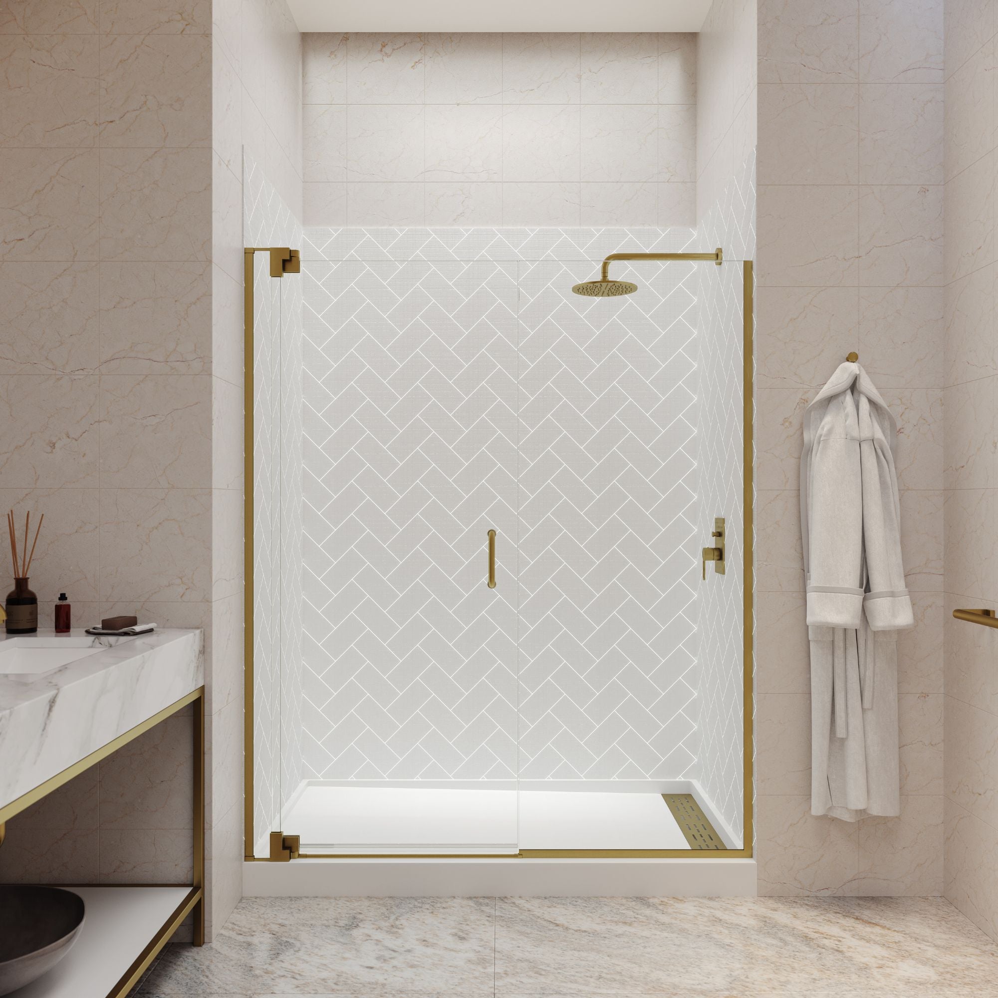 Seawin Flex X Duo 60 - 63 x 72 inches Frameless Pivot Shower Door 3/8 in. (10 mm) and 5/16 in. (8 mm) Flex X Clear Tempered Glass with NanoShield Coating Satin Gold