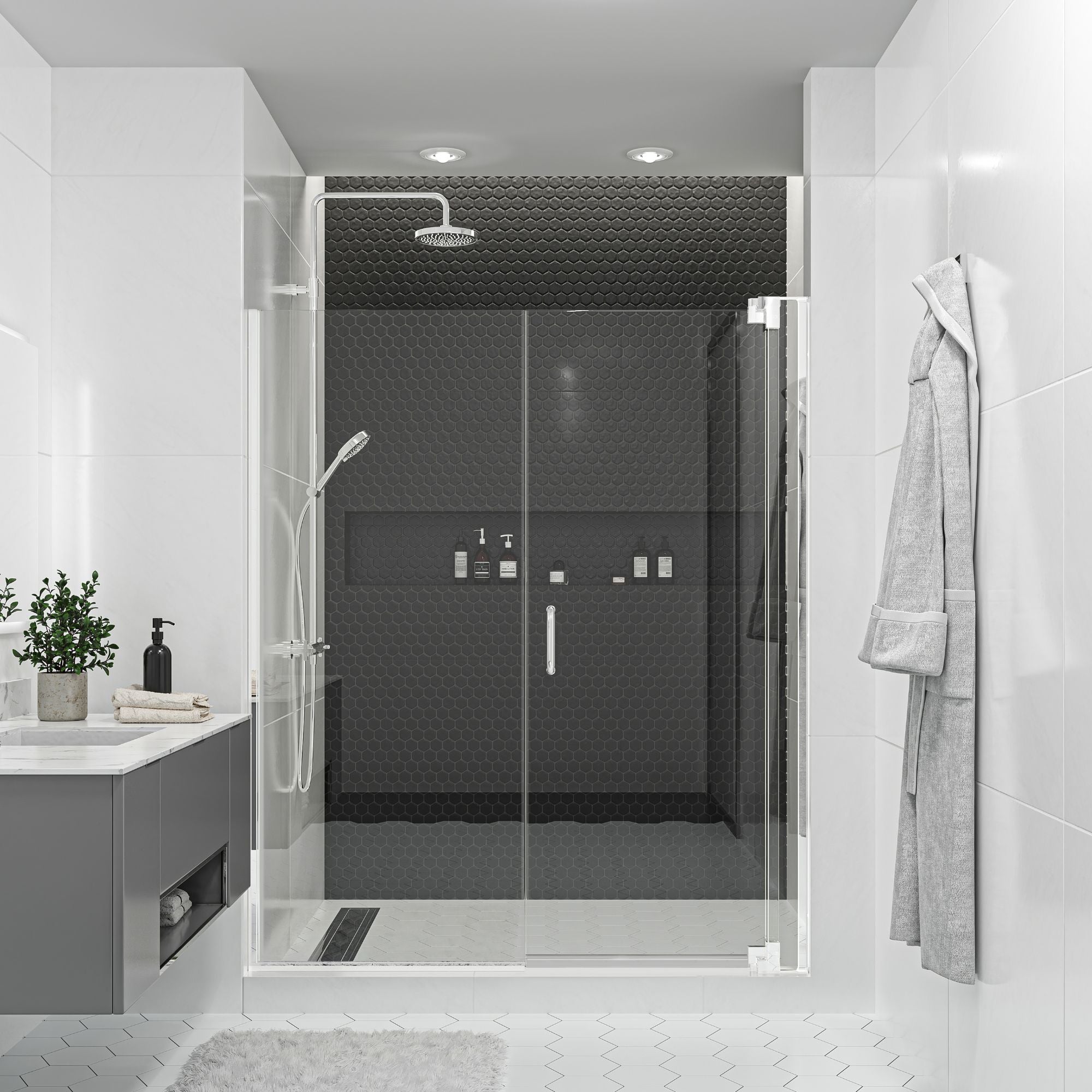 Seawin Flex X Duo 63 - 66 x 72 inches Frameless Pivot Shower Door 3/8 in. (10 mm) and 5/16 in. (8 mm) Flex X Clear Tempered Glass with NanoShield Coating Polished Chrome