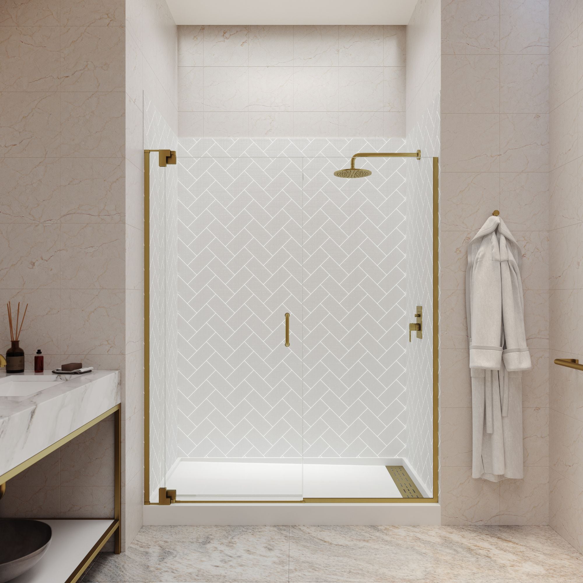 Seawin Flex X Duo 63 - 66 x 72 inches Frameless Pivot Shower Door 3/8 in. (10 mm) and 5/16 in. (8 mm) Flex X Clear Tempered Glass with NanoShield Coating Satin Gold