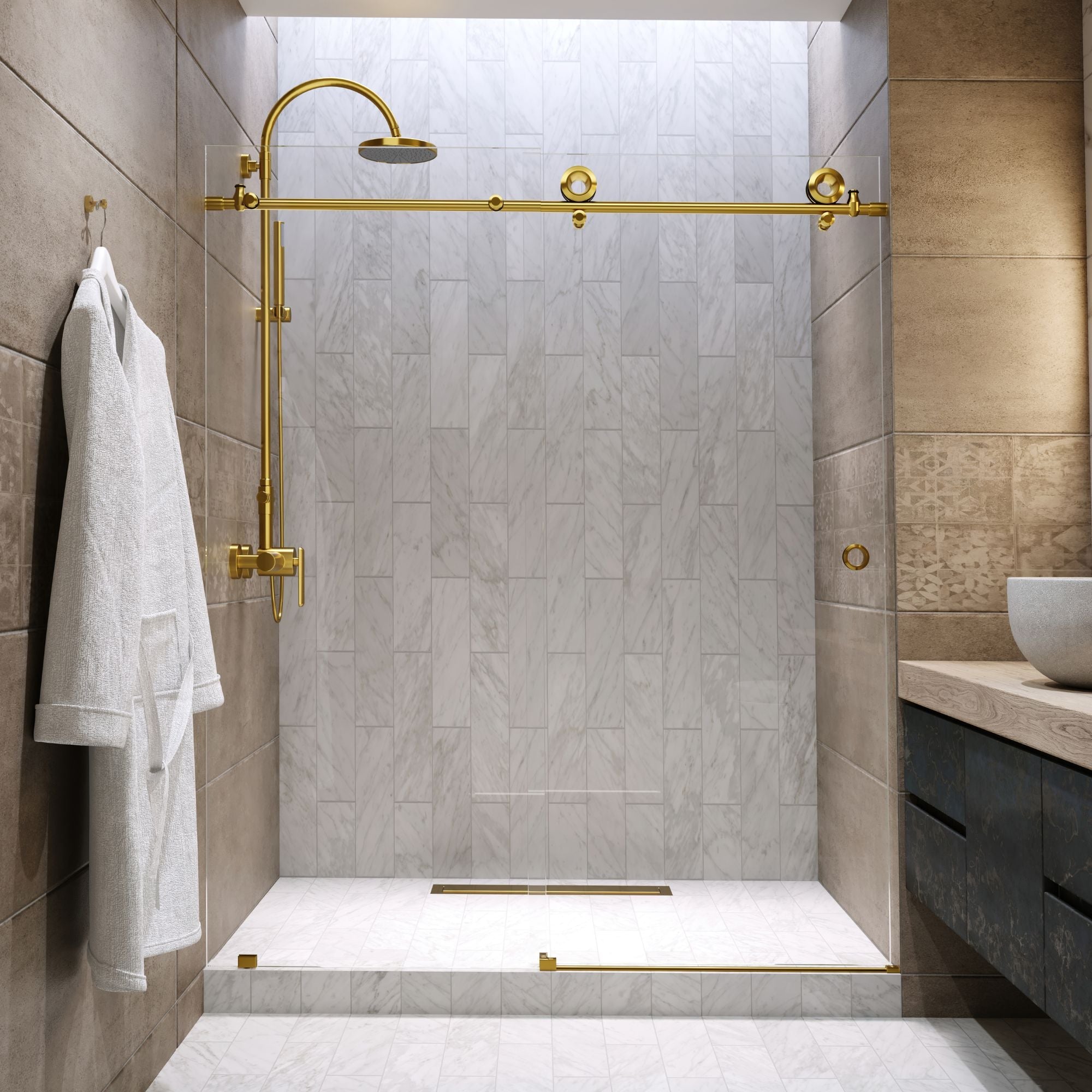 Seawin Hugo 56 - 60 x 78 inches Frameless Sliding Shower Door 3/8 in. (10 mm) Clear Tempered Glass with NanoShield Coating Satin Gold