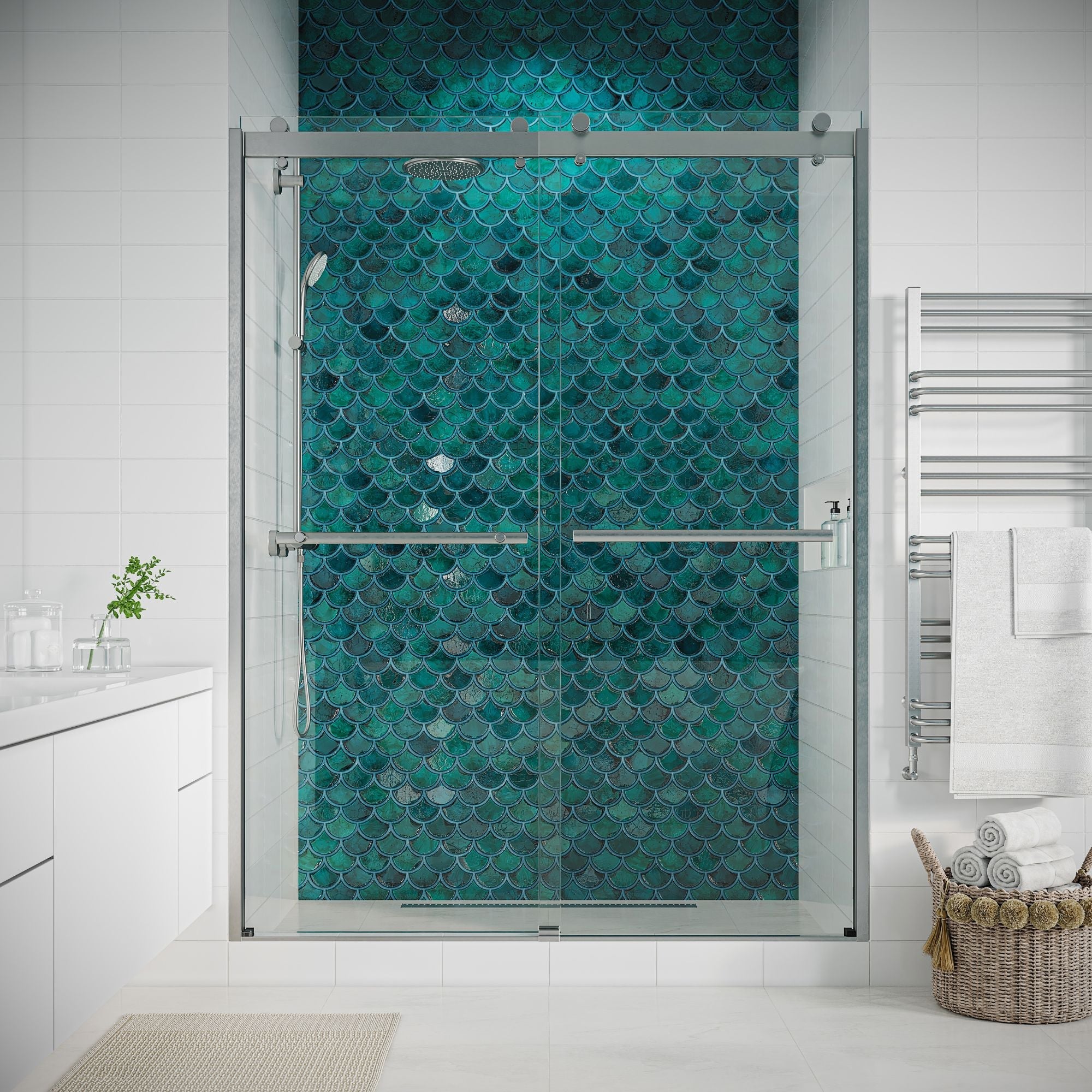 Seawin Mara 56 - 60 x 78 inches Frameless Bypass Sliding Shower Door 3/8 in. (10 mm) Clear Tempered Glass with NanoShield Coating Brushed Nickel