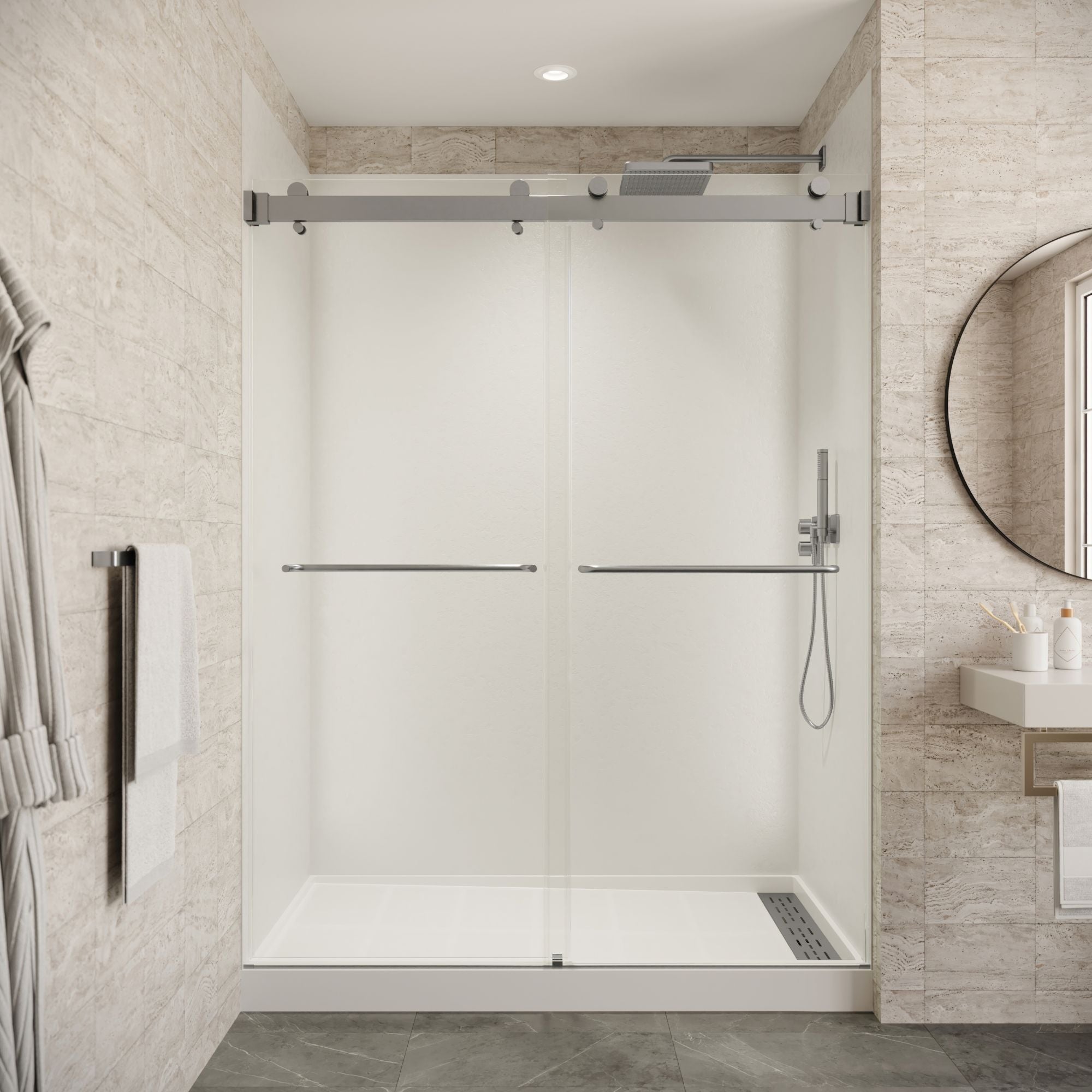 Seawin Verona Air 56 - 60 x 76 inches Frameless Bypass Sliding Shower Door 5/16 in. (8 mm) Clear Tempered Glass with NanoShield Coating Brushed Nickel