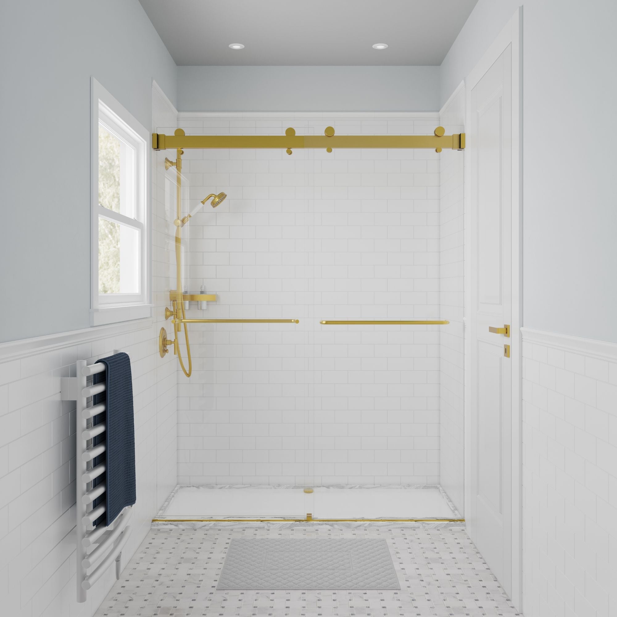 Seawin Verona Air 56 - 60 x 76 inches Frameless Bypass Sliding Shower Door 5/16 in. (8 mm) Clear Tempered Glass with NanoShield Coating Satin Gold