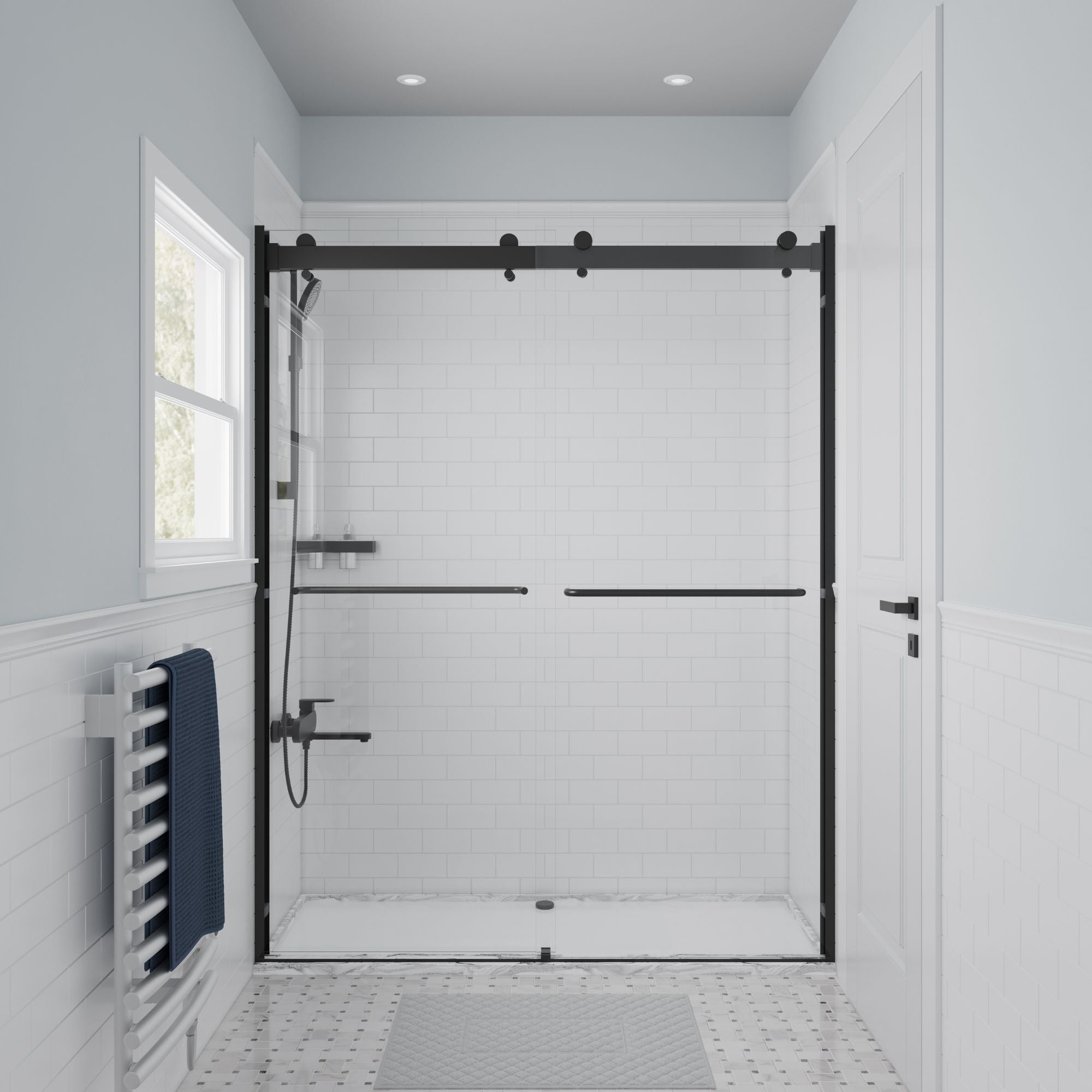 Seawin Verona Light 56 - 60 x 76 inches Frameless Bypass Sliding Shower Door 1/4 in. (6 mm) Clear Tempered Glass with NanoShield Coating Matte Black