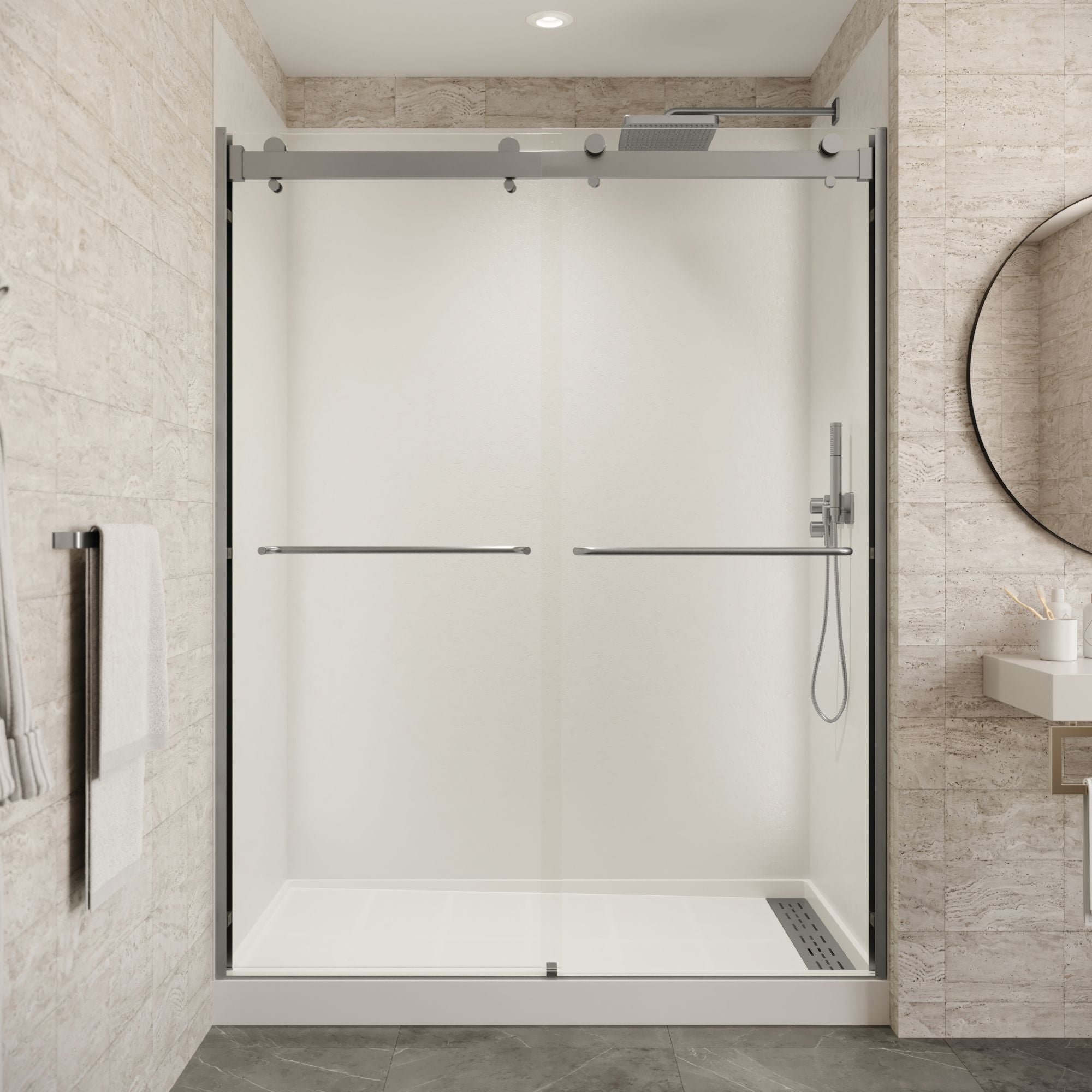 Seawin Verona Light 56 - 60 x 76 inches Frameless Bypass Sliding Shower Door 1/4 in. (6 mm) Clear Tempered Glass with NanoShield Coating Brushed Nickel