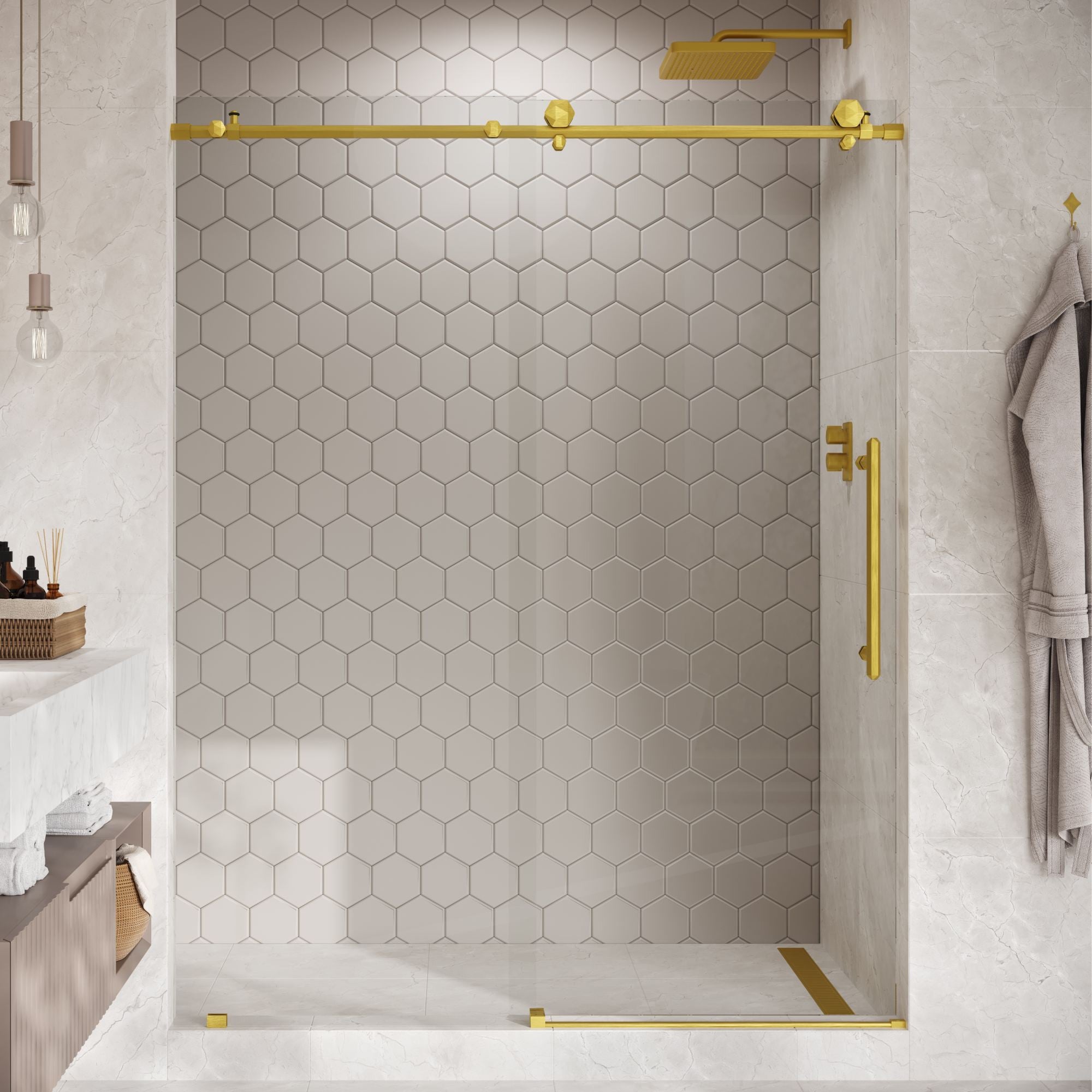 Seawin Diamond 68 - 72 x 76 inches Frameless Sliding Shower Door 3/8 in. (10 mm) Clear Tempered Glass with NanoShield Coating Satin Gold