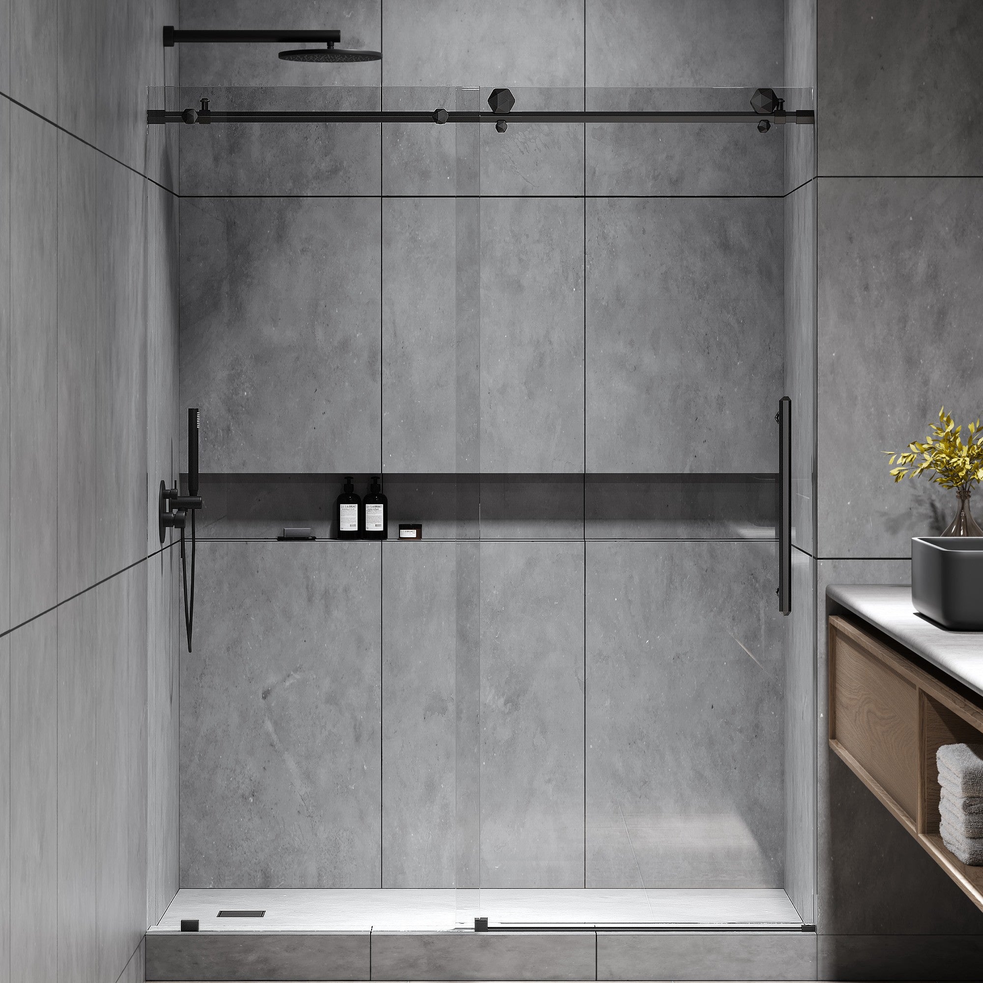 Seawin Diamond 68 - 72 x 76 inches Frameless Sliding Shower Door 3/8 in. (10 mm) Clear Tempered Glass with NanoShield Coating Matte Black