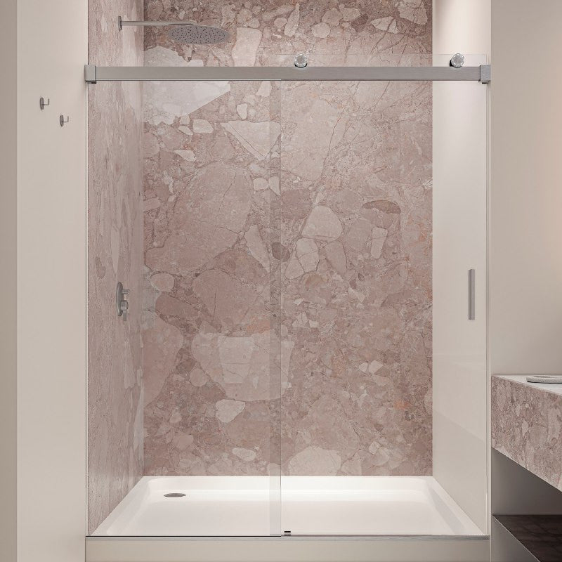 Seawin Runway 56 - 60 x 77 inches Frameless Sliding Shower Door 3/8 in. (10 mm) Clear Tempered Glass with NanoShield Coating LED Rollers Brushed Nickel