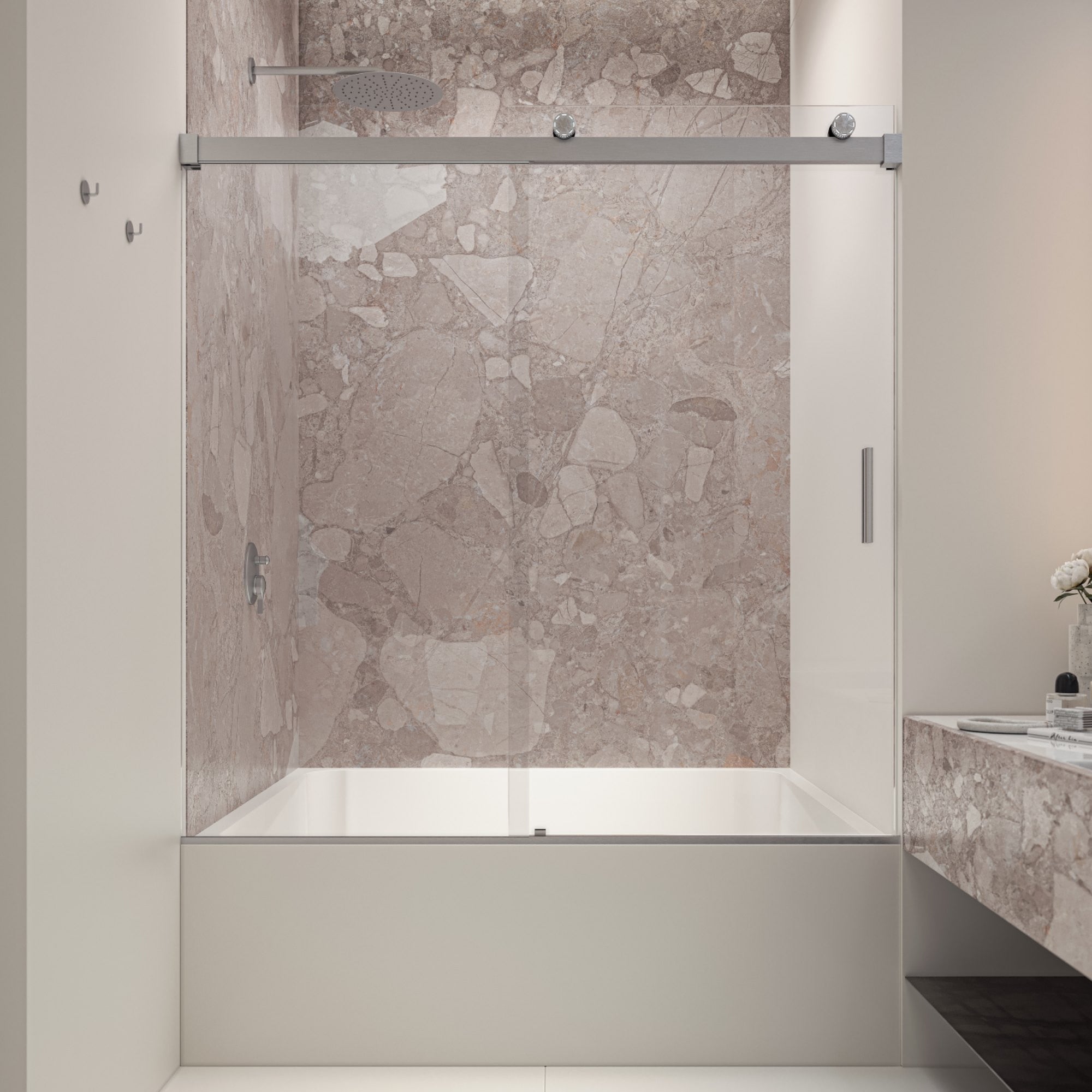 Seawin Runway 56 - 60 x 63 inches Frameless Sliding Bathtub Door 3/8 in. (10 mm) Clear Tempered Glass with NanoShield Coating LED Rollers Brushed Nickel