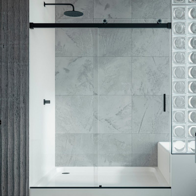 Seawin Runway 56 - 60 x 77 inches Frameless Sliding Shower Door 3/8 in. (10 mm) Clear Tempered Glass with NanoShield Coating LED Rollers Matte Black