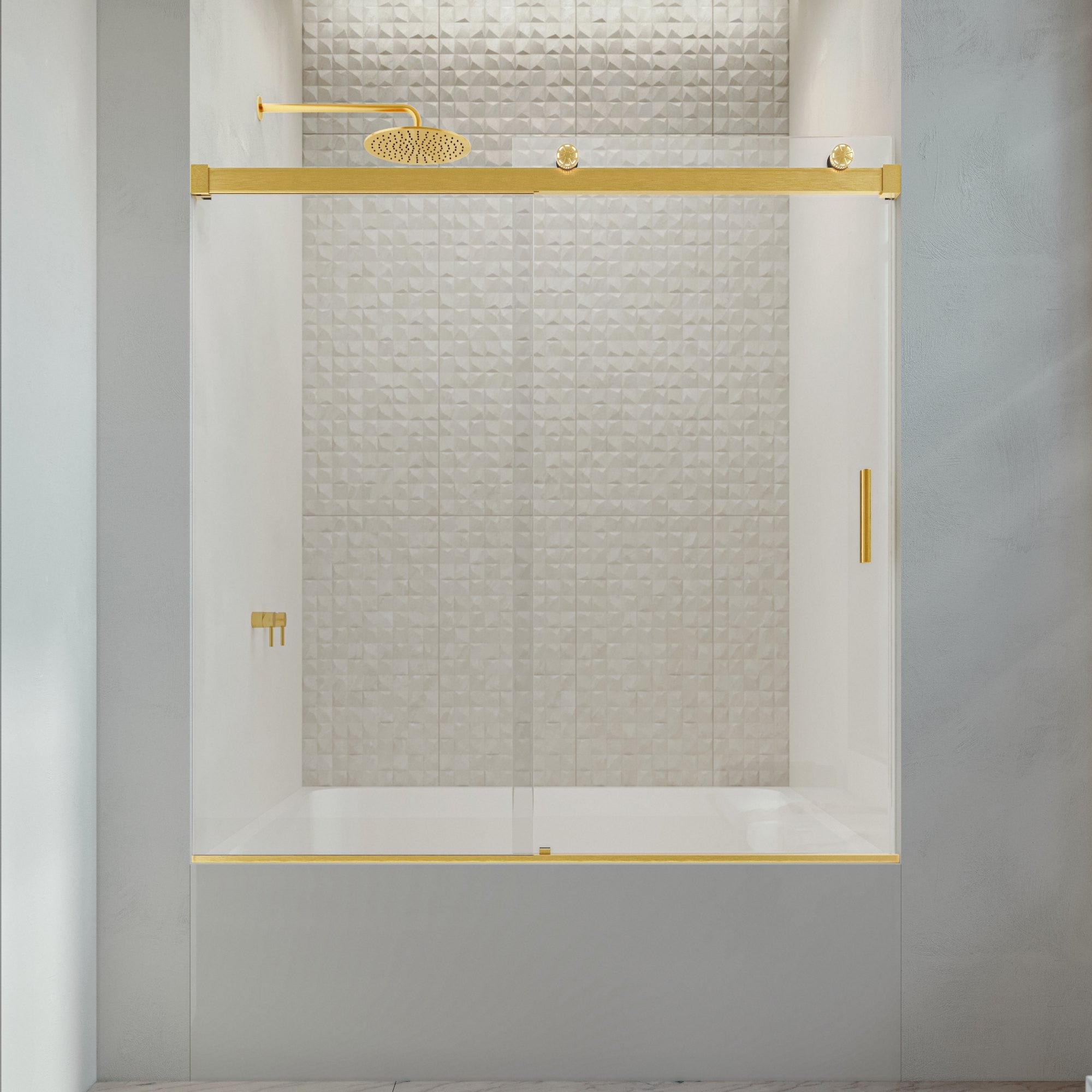 Seawin Runway 56 - 60 x 63 inches Frameless Sliding Bathtub Door 3/8 in. (10 mm) Clear Tempered Glass with NanoShield Coating LED Rollers Satin Gold