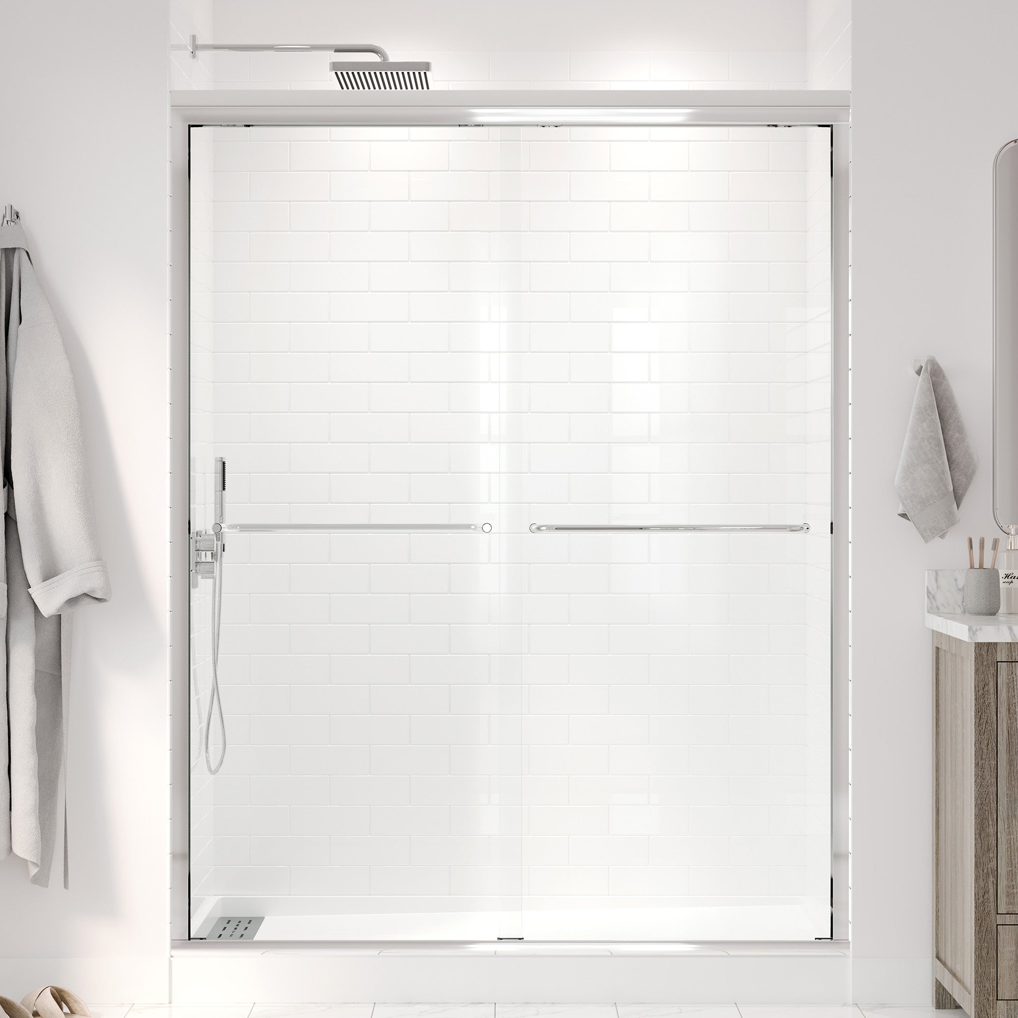 Seawin Strada 56 - 60 x 76 inches Frameless Bypass Sliding Shower Door 3/8 in. (10 mm) Clear Tempered Glass with NanoShield Coating Polished Chrome