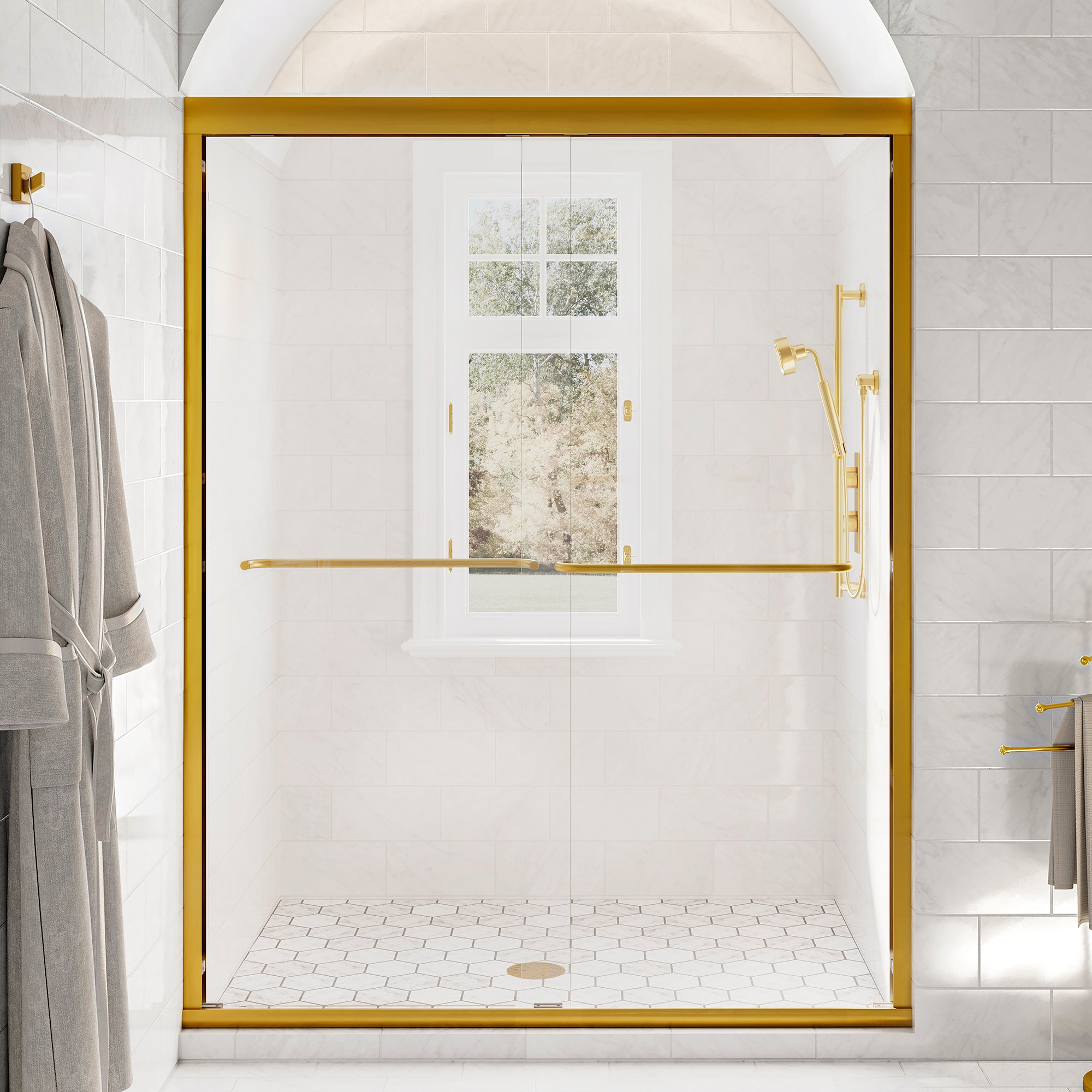 Seawin Strada 56 - 60 x 76 inches Frameless Bypass Sliding Shower Door 3/8 in. (10 mm) Clear Tempered Glass with NanoShield Coating Satin Gold