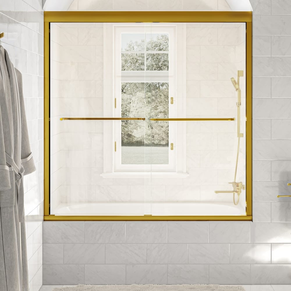 Seawin Strada 56 - 60 x 62 inches Frameless Bypass Sliding Bathtub Door 3/8 in. (10 mm) Clear Tempered Glass with NanoShield Coating Satin Gold